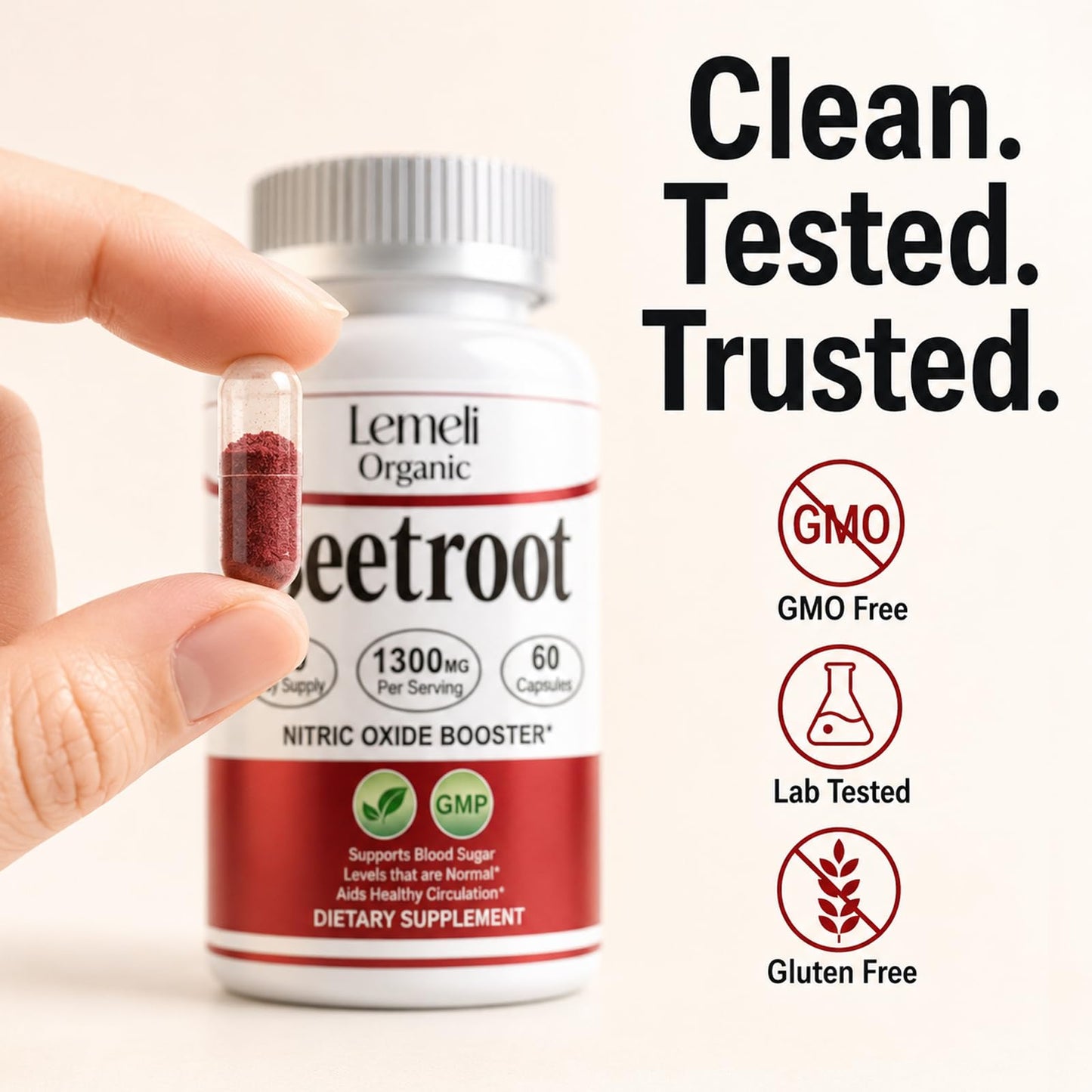 Lemeli Organic Beet Root Capsules 1300mg – Beetroot Organic Powder Extract Supplement, Energy, Circulation & Stamina – Non GMO, Gluten Free, Plant Based, 60 Capsules