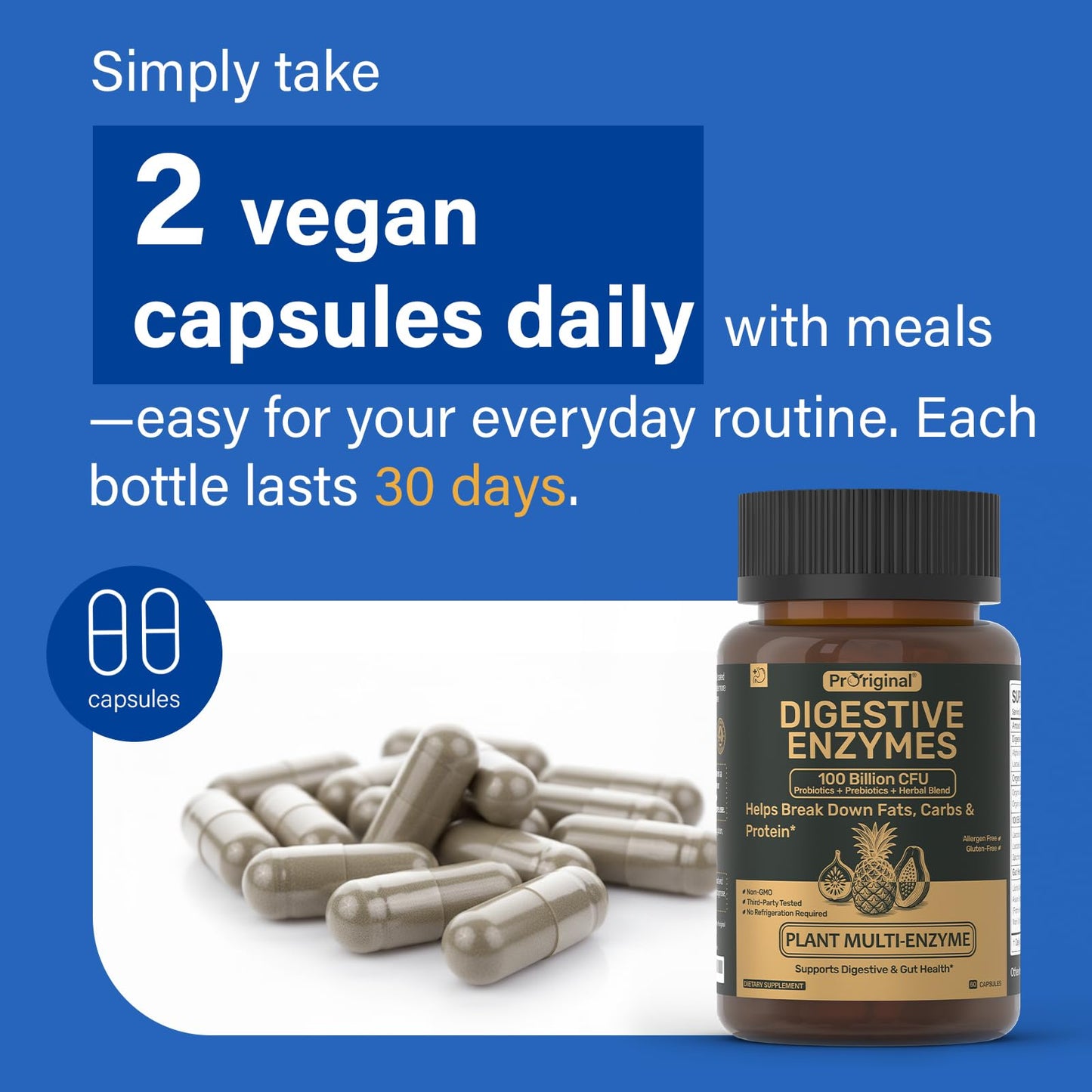 Proriginal Digestive Enzymes Supplement with 100 Billion CFU Organic Probiotic & Prebiotic - Multi-Enzyme Formula for Women & Men - Digestive & Gut Health - 120 Capsules