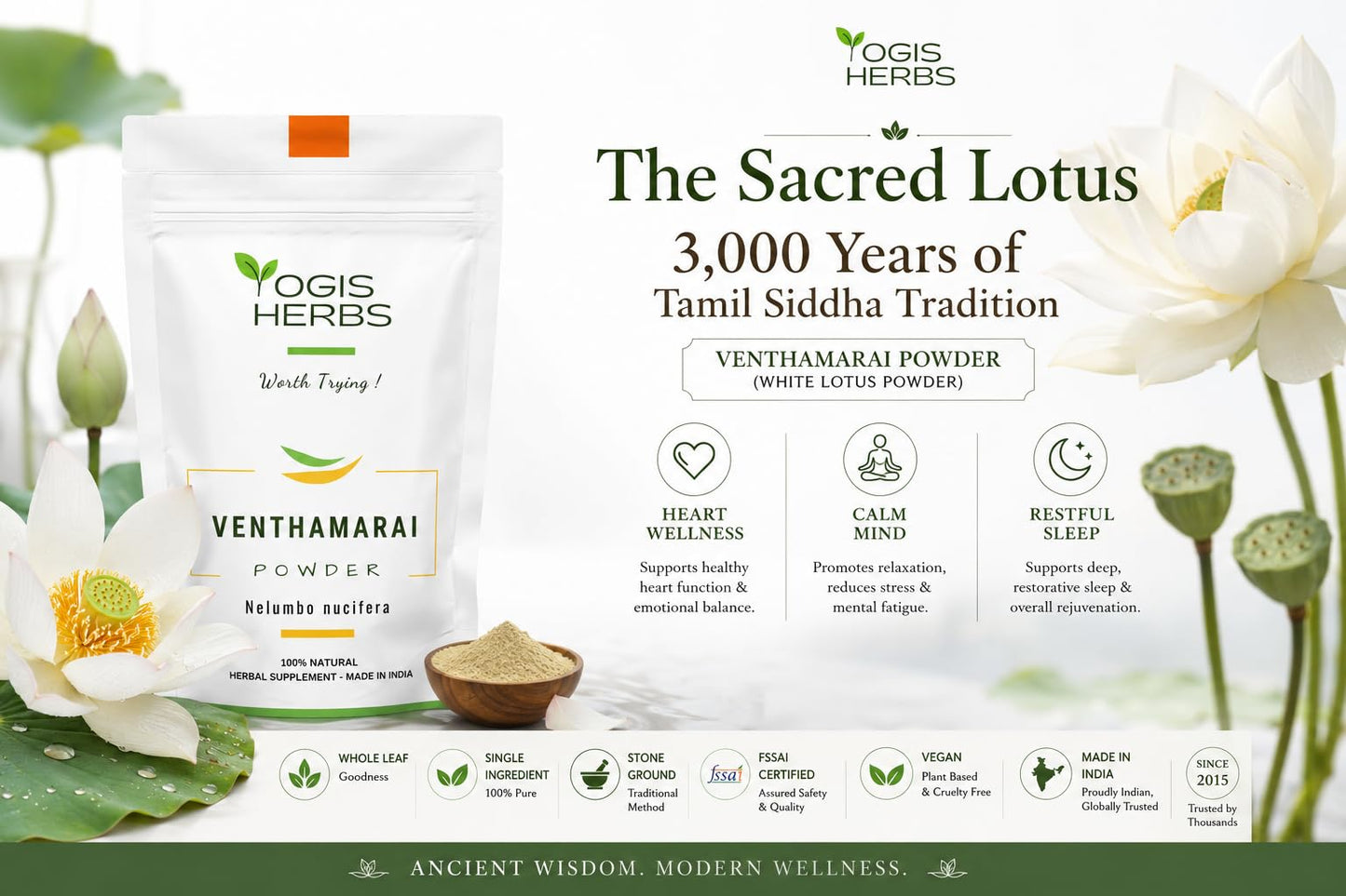 YOGIS HERBS Venthamarai Powder, White Lotus (Nelumbo Nucifera/Sacred Lotus/Padma) - Traditional Tamil Siddha Herb for Heart Wellness, Supports Calm Mind & Restful Sleep - Pure Petal Powder, 16