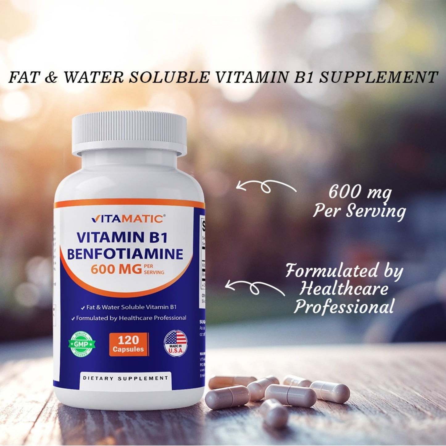 Vitamatic Benfotiamine 300mg + Vitamin B1 300mg Capsules, 120 Count