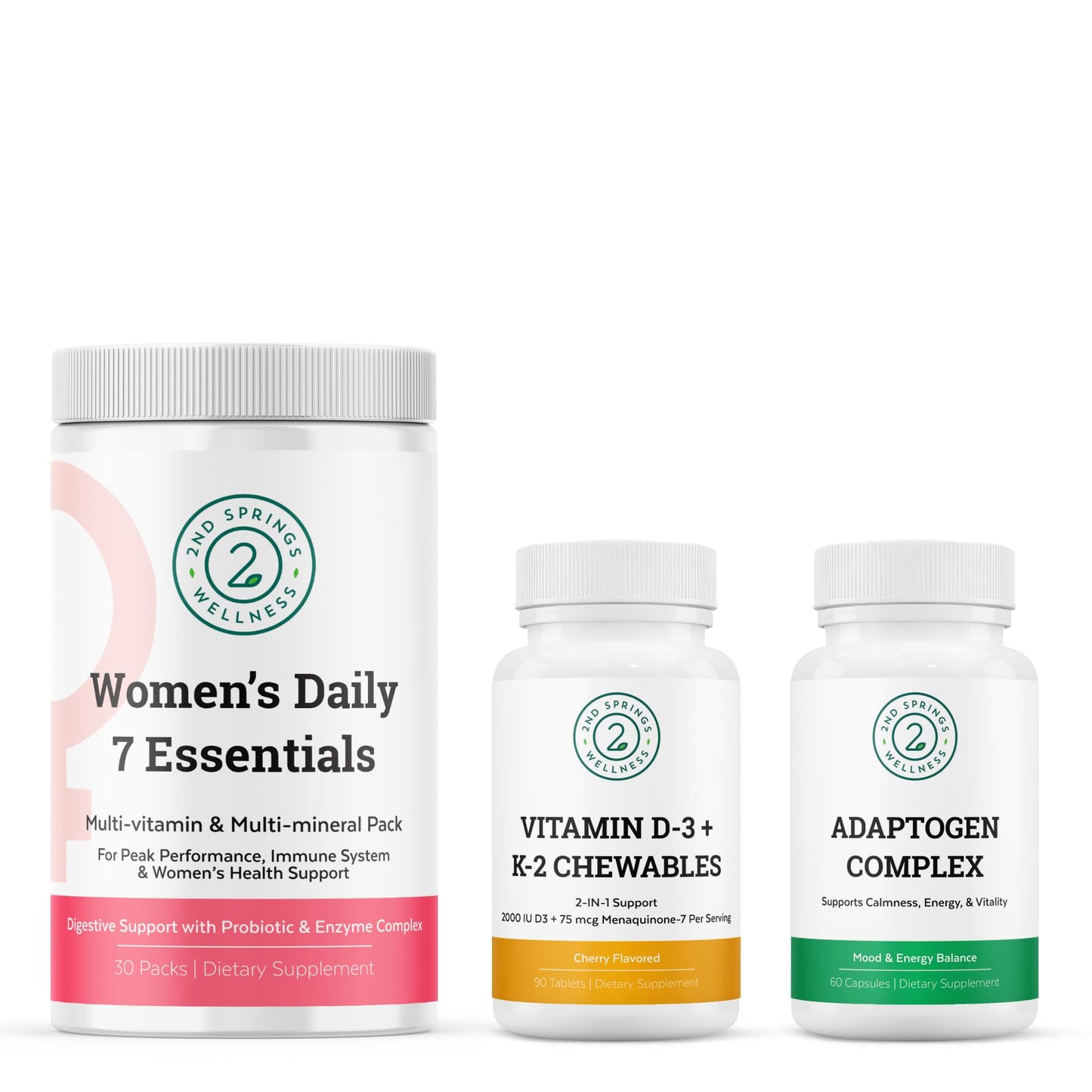 2nd Springs Women's Daily 7 Essentials Vitamin D3 + K2 Adaptogen Complex Bundle Chewables 180