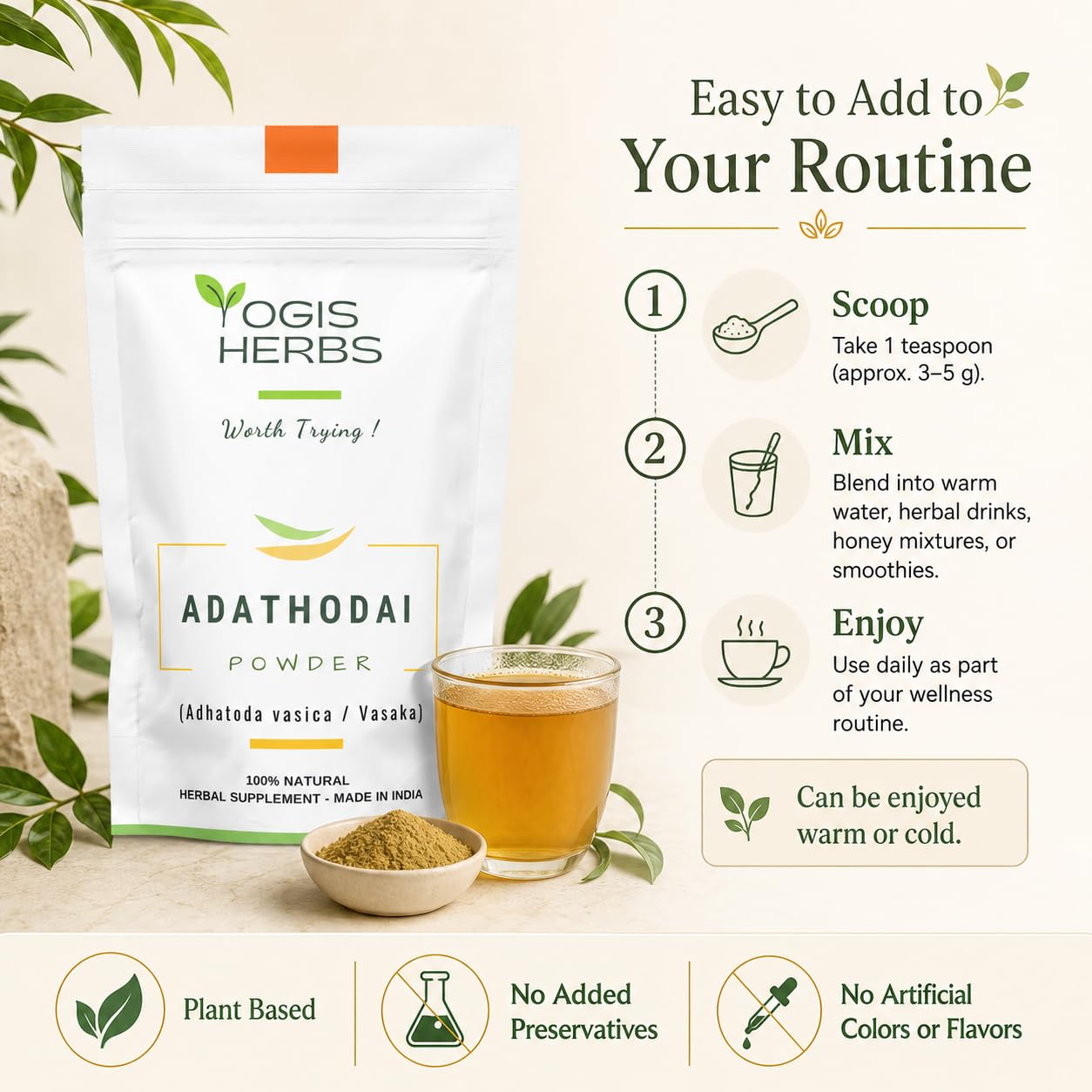YOGIS HERBS Adathodai Powder Adhatoda vasica/Vasaka/Adusa/Malabar Nut, Stone-Ground, 3.5 Ounces