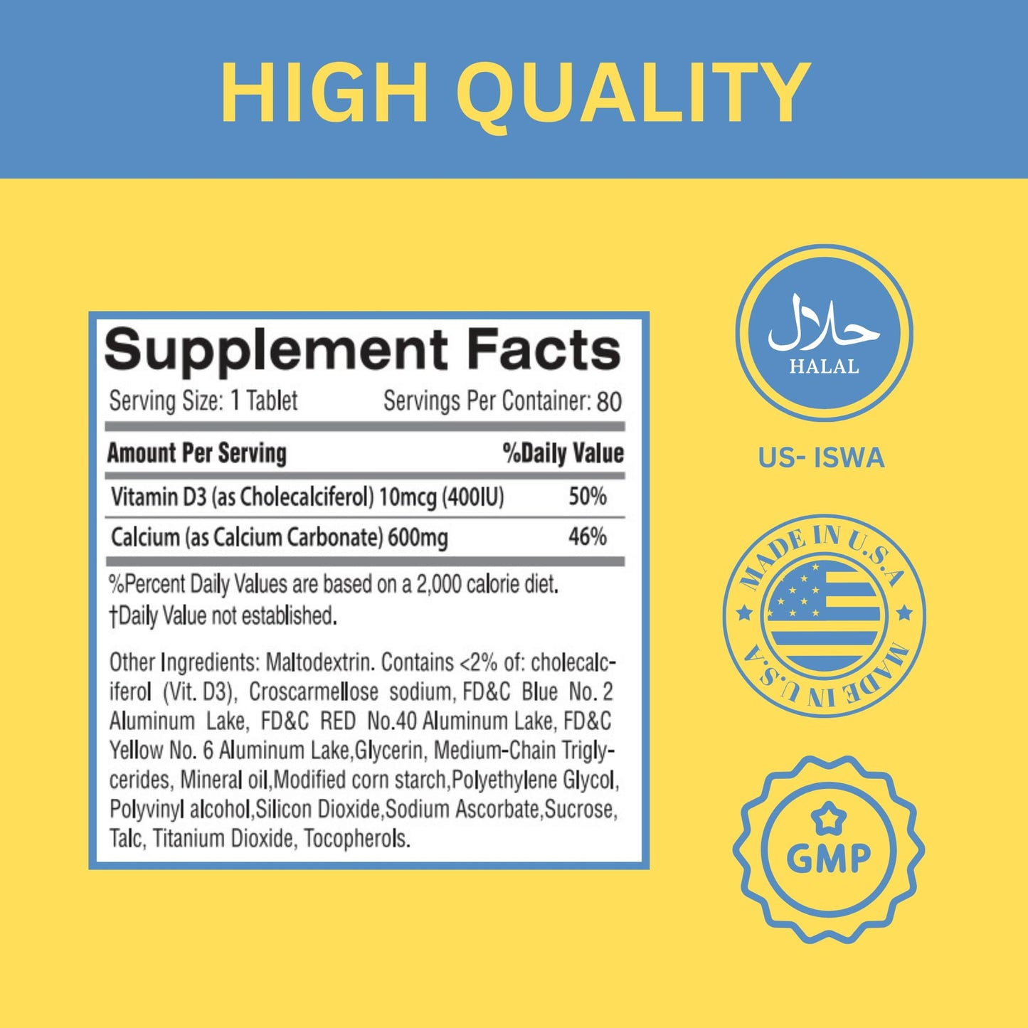 GREEN FIELD NUTRITIONS Halal Calcium Tablets with Vitamin D3, 90 Tablets