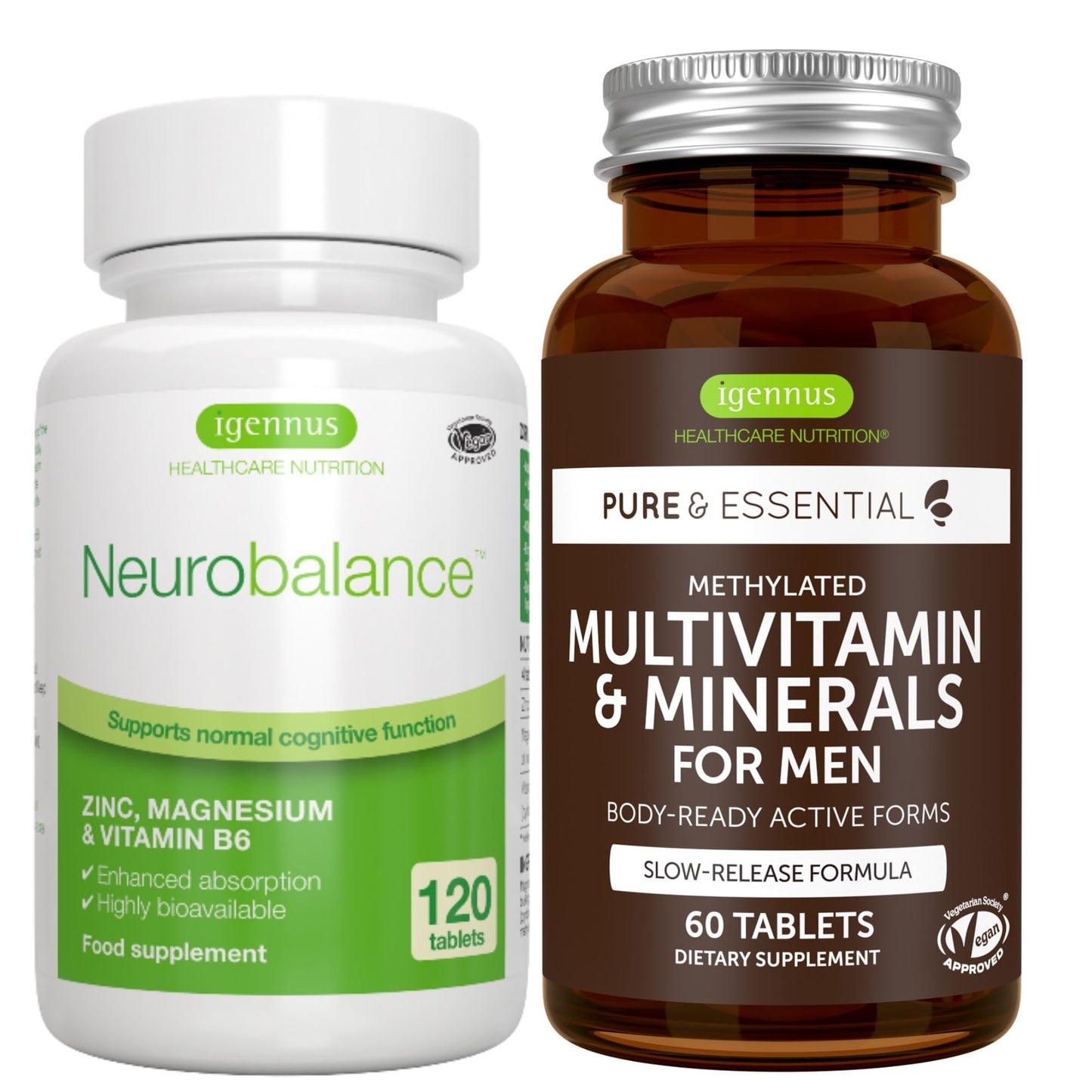 Igennus Healthcare Nutrition Neurobalance + Multivitamin & Minerals for Men Vegan Bundle, High Absorption Zinc, Magnesium & B6 Supplement + Sustained Release Multivitamin Tablet, 2 Tablets
