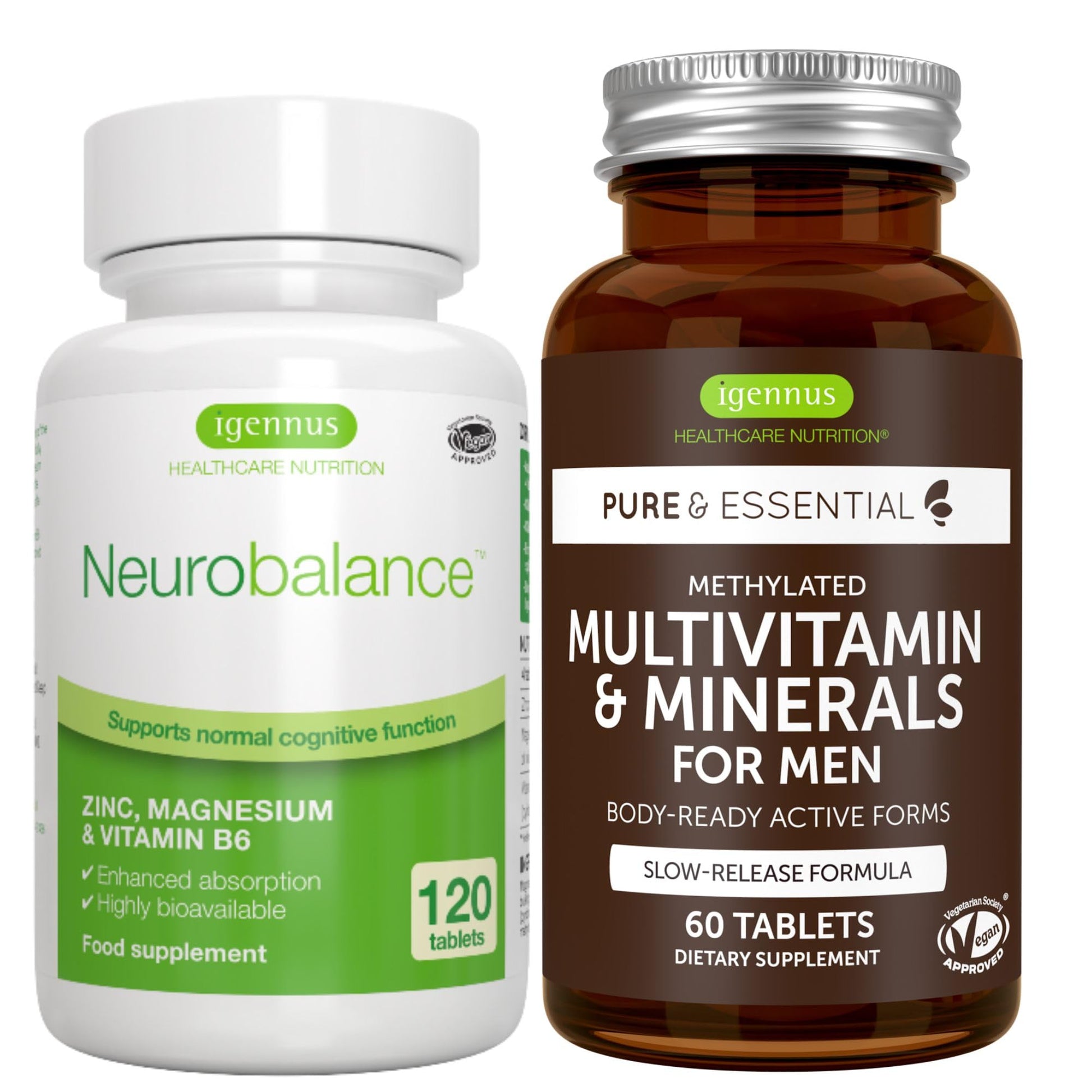 Igennus Healthcare Nutrition Neurobalance + Multivitamin & Minerals for Men Vegan Bundle, High Absorption Zinc, Magnesium & B6 Supplement + Sustained Release Multivitamin Tablet, 2 Tablets