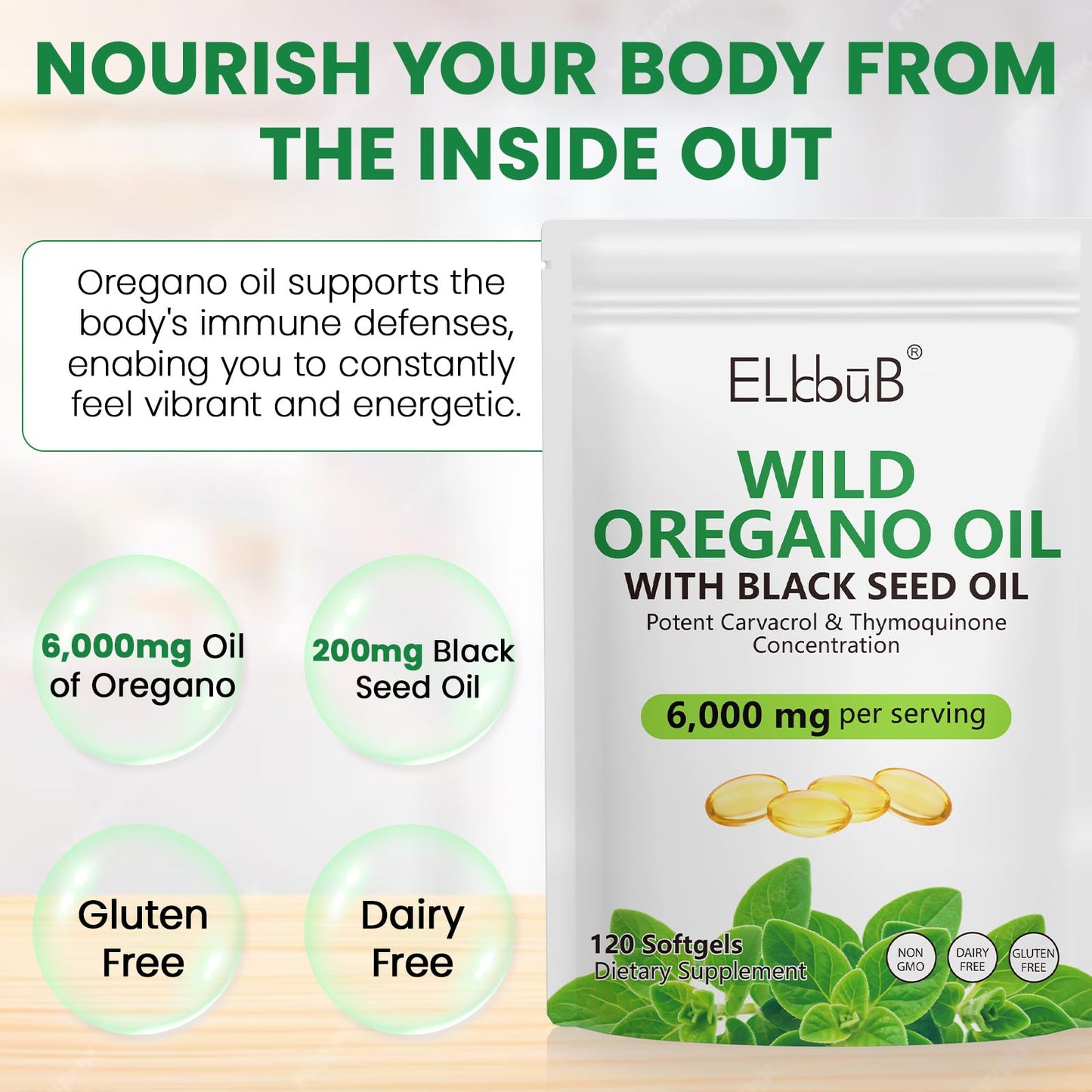 ELBBUB Oil of Oregano with Black Seed Oil 6000mg Oregano Oil + 200mg Black Seed Oil per Serving Capsule, 120 Count