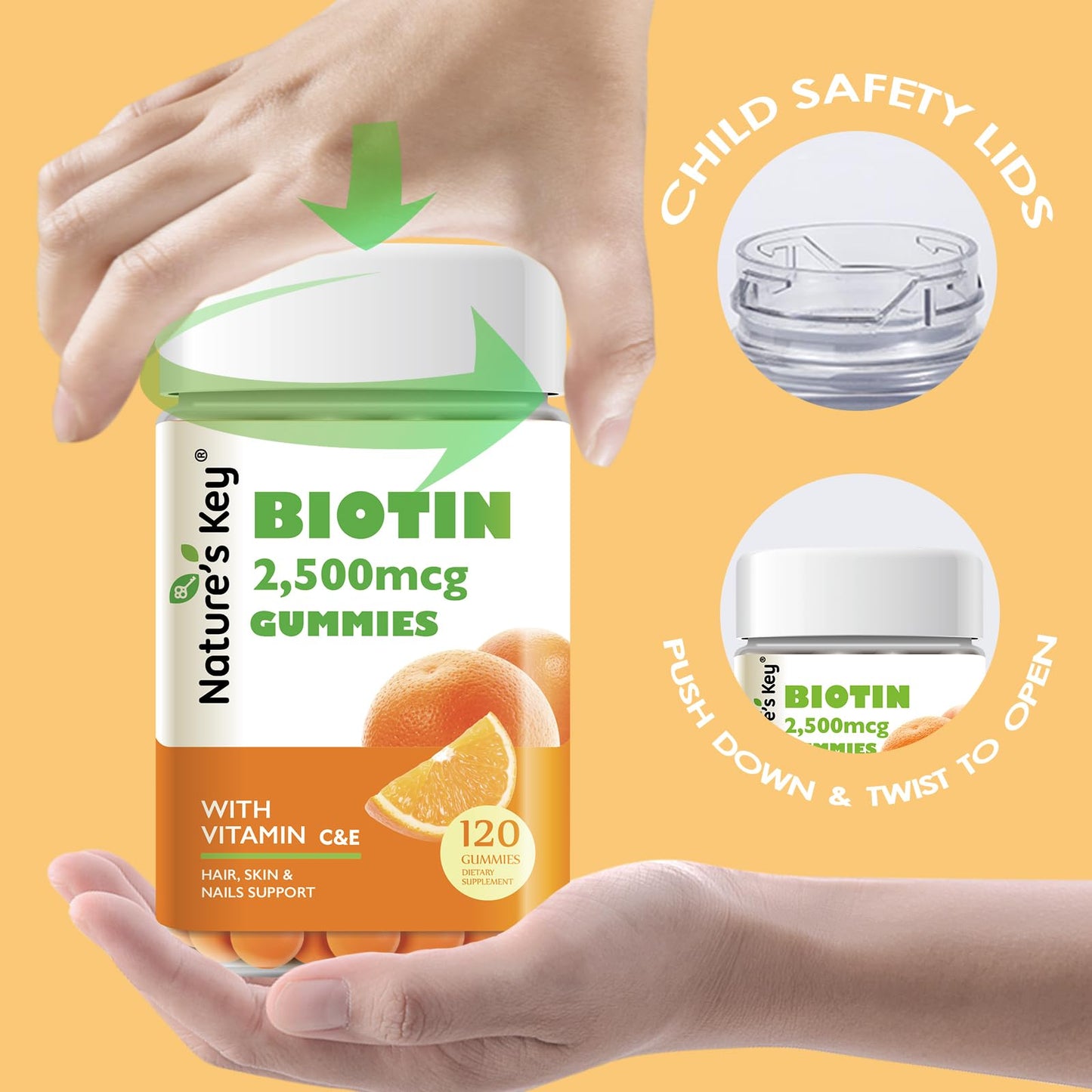 Nature's Key Biotin Gummies with Vitamin C and E, for Hair & Nails Growth and Beautiful Skin, Vegan, Orange Flavor, 120 Gummies