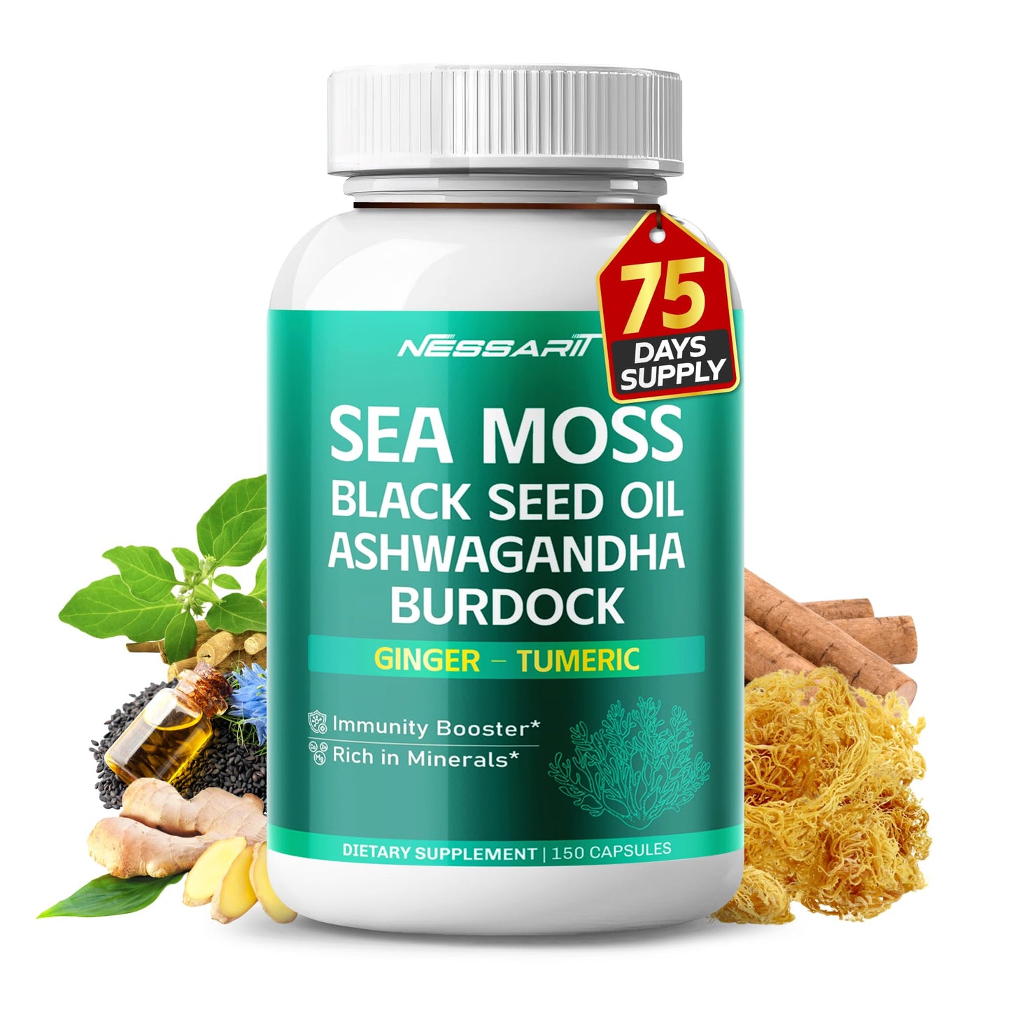 NESSARIT Sea Moss Supplement 16-in-1 Natural Blend with Black Seed Oil, Ashwagandha, Burdock, Bladderwrack, Ginger, Dandelion Capsules, 150 Count