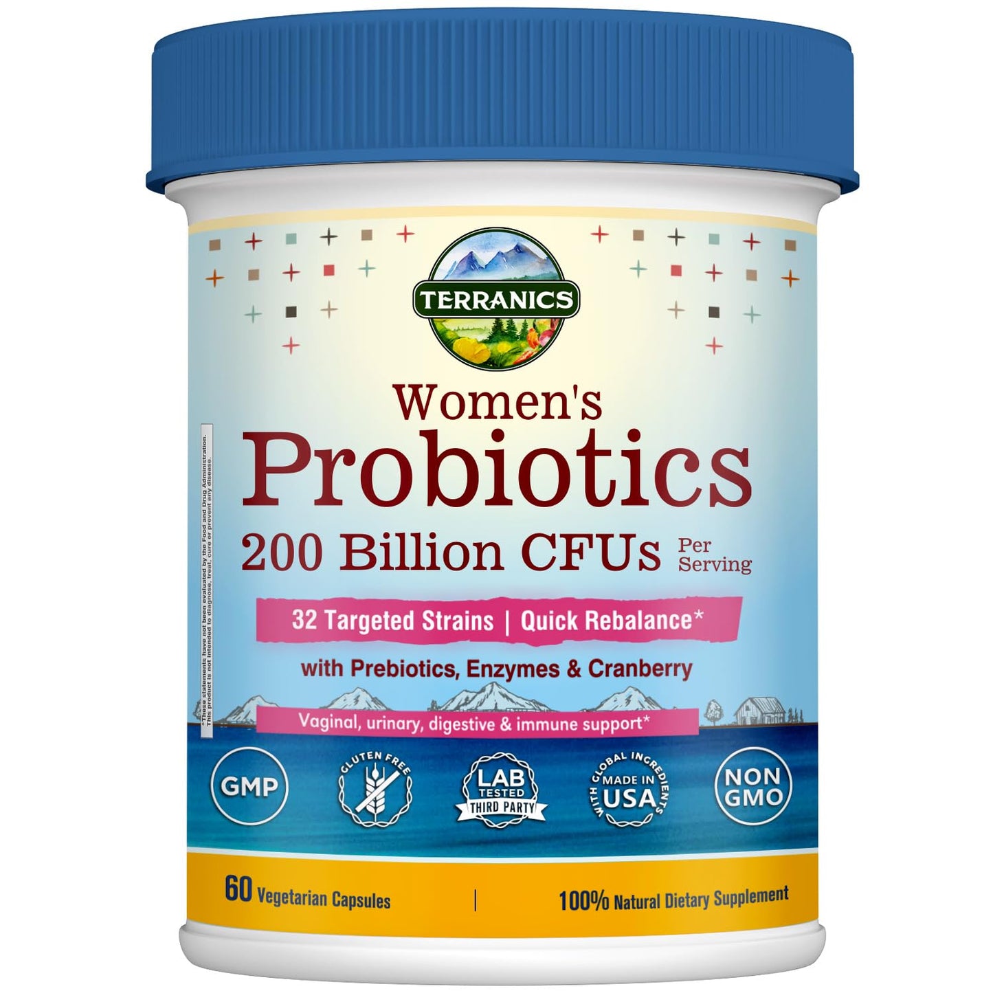 Terranics Daily Probiotics for Women, 200 Billion 32 Strains Womens Probiotics, with Cranberry, Prebiotics & Enzymes, Rebalance Vaginal Flora & pH, Delayed Release, Shelf Stable, 60 Vegan Capsules