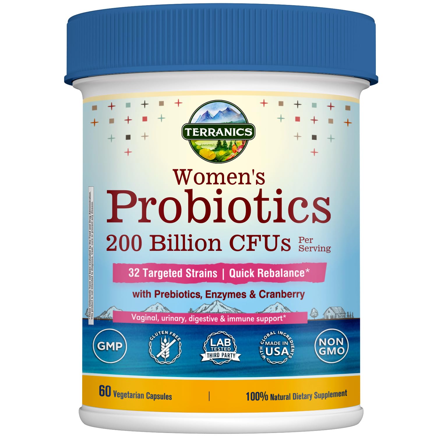 Terranics Daily Probiotics for Women, 200 Billion 32 Strains Womens Probiotics, with Cranberry, Prebiotics & Enzymes, Rebalance Vaginal Flora & pH, Delayed Release, Shelf Stable, 60 Vegan Capsules