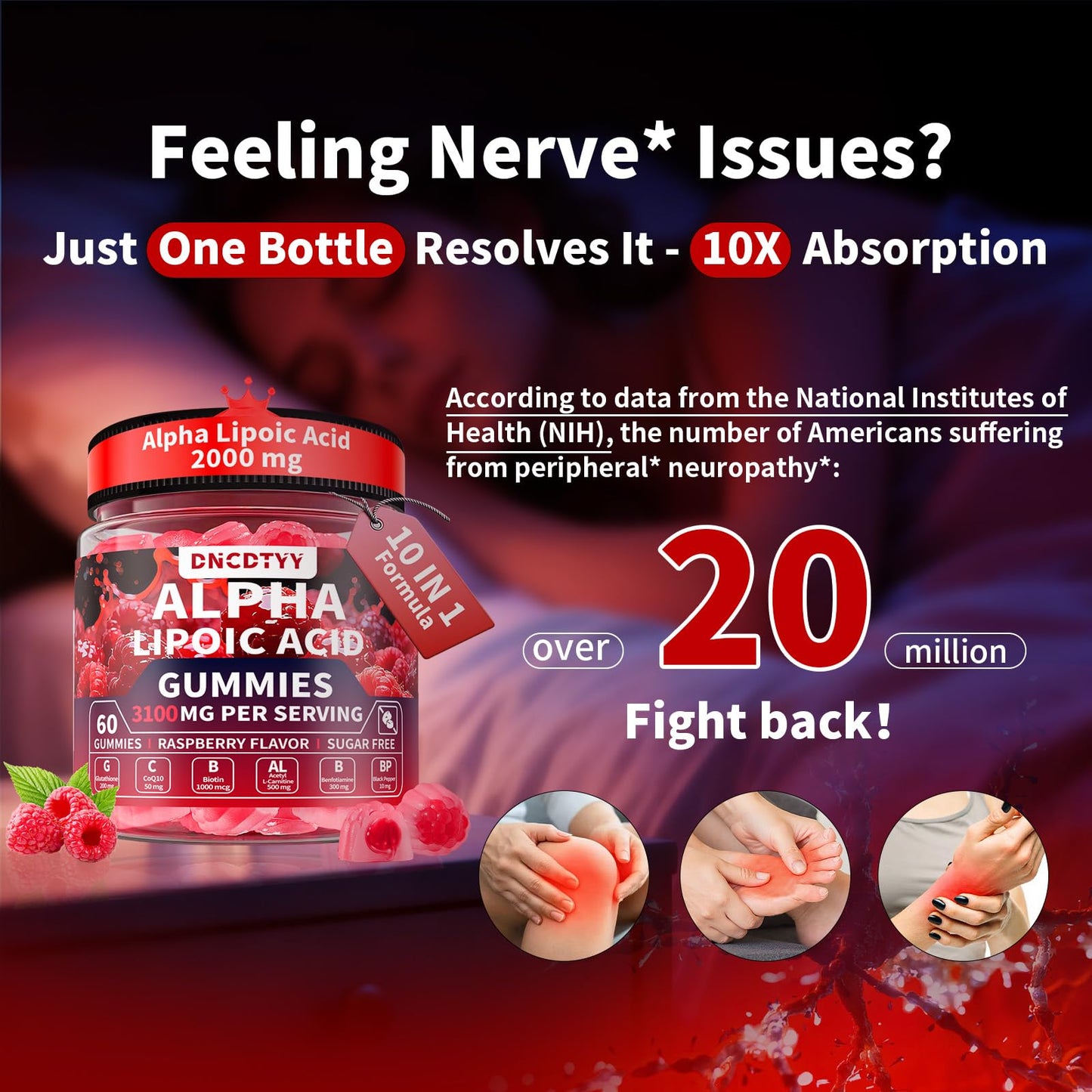 DNCDTYY Alpha Lipoic Acid Gummies 2000mg Triple Strength Neuropathy Support, 60 Count