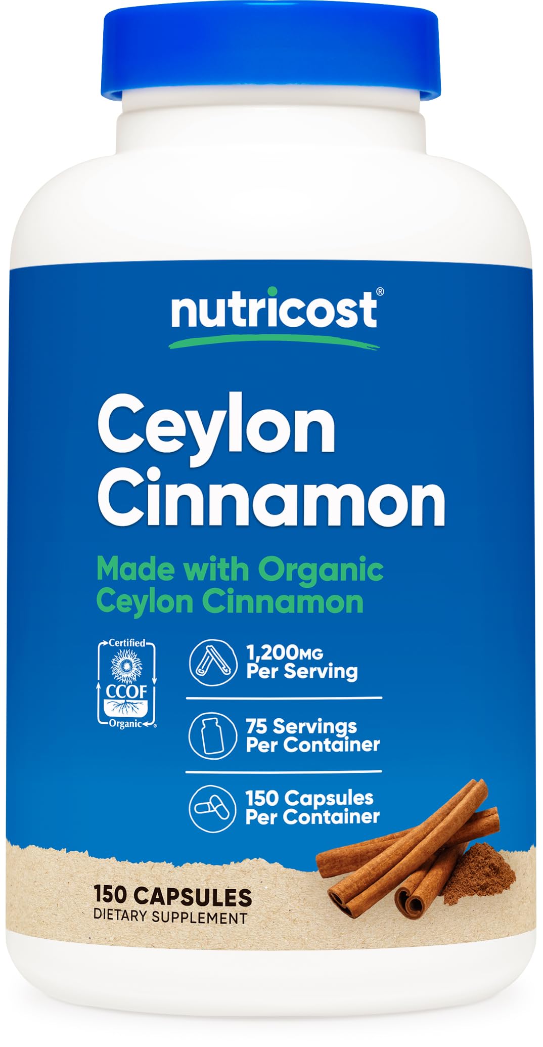 Nutricost Organic Cinnamon (Ceylon Cinnamon) 1,200mg Serving Capsules, 150 Count