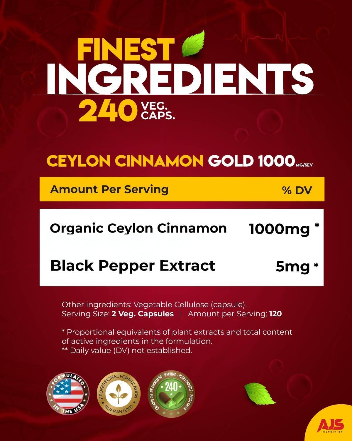 AJS Nutrition Ceylon Cinnamon Capsules, 90 Capsules