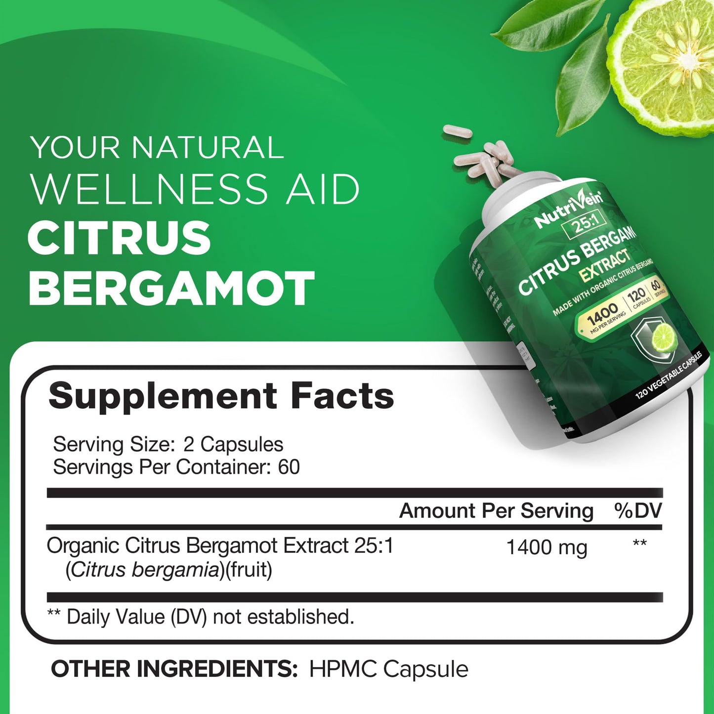 Nutrivein Italian Citrus Bergamot Supplement 1400mg 25:1 Extract, 120 Capsules