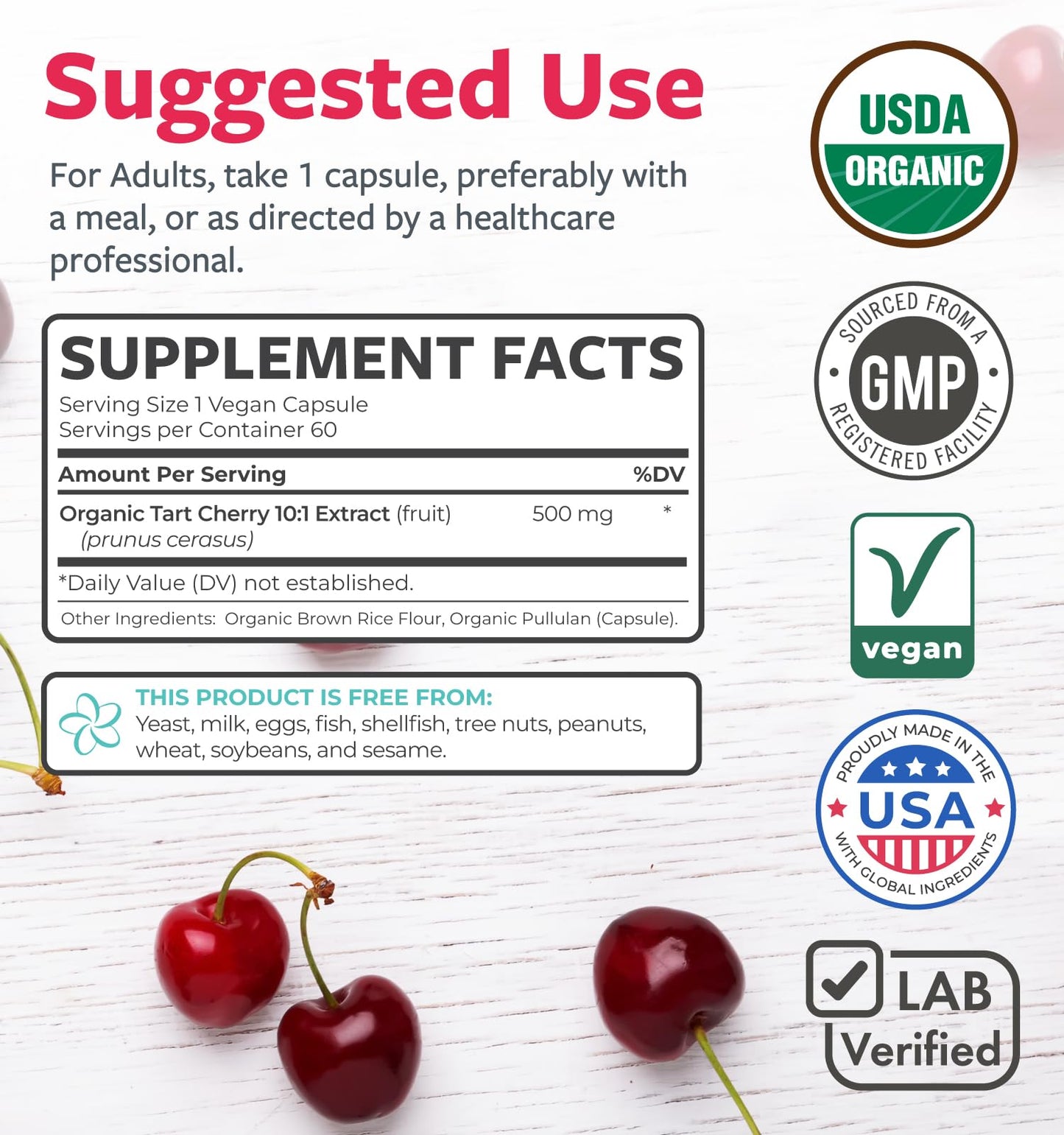 PURE CO Tart Cherry Capsules, USDA Organic, 500mg 4:1 Organic Tart Cherry Extract per Capsule, 60 Capsules