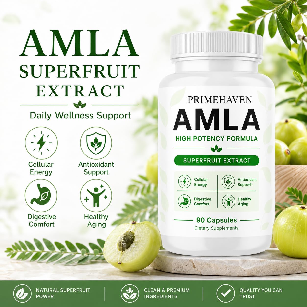 PRIMEHAVEN Organic Amla Capsules 1000mg, Indian Gooseberry Amla Fruit Supplement, Organic Amla Superfruit Extract for Antioxidant Activity, Daily Energy & Digestive Support, Vegan Non-GMO, 90 Capsules