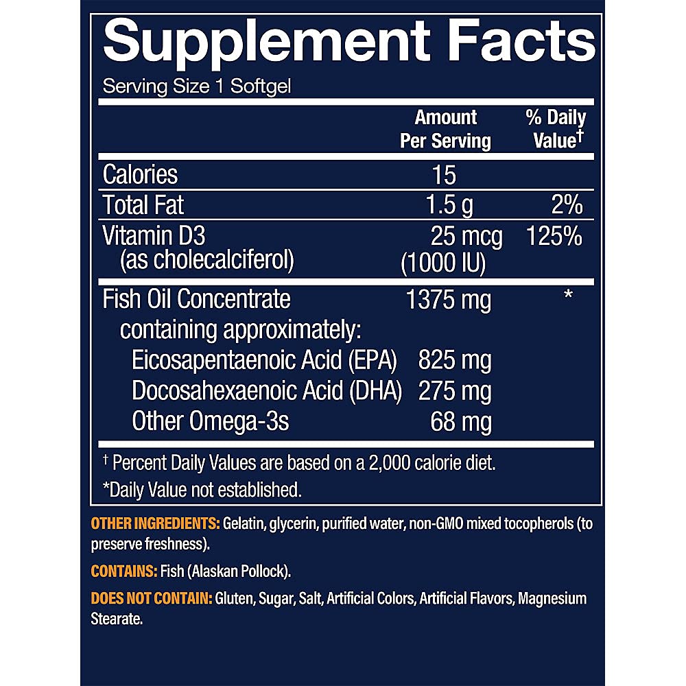 Vthrive Premium Wild Alaskan Fish Oil with Vitamin D3 - Supports Cardiovascular Health - 1,375 DHA/EPA, 120 Softgels