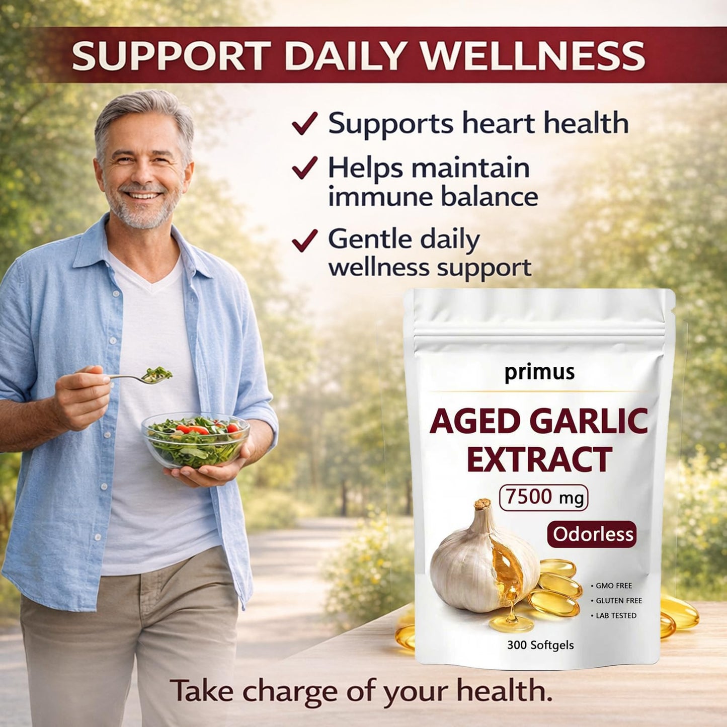 Primus Aged Garlic Odorless Garlic Supplement Capsules, 300 Count