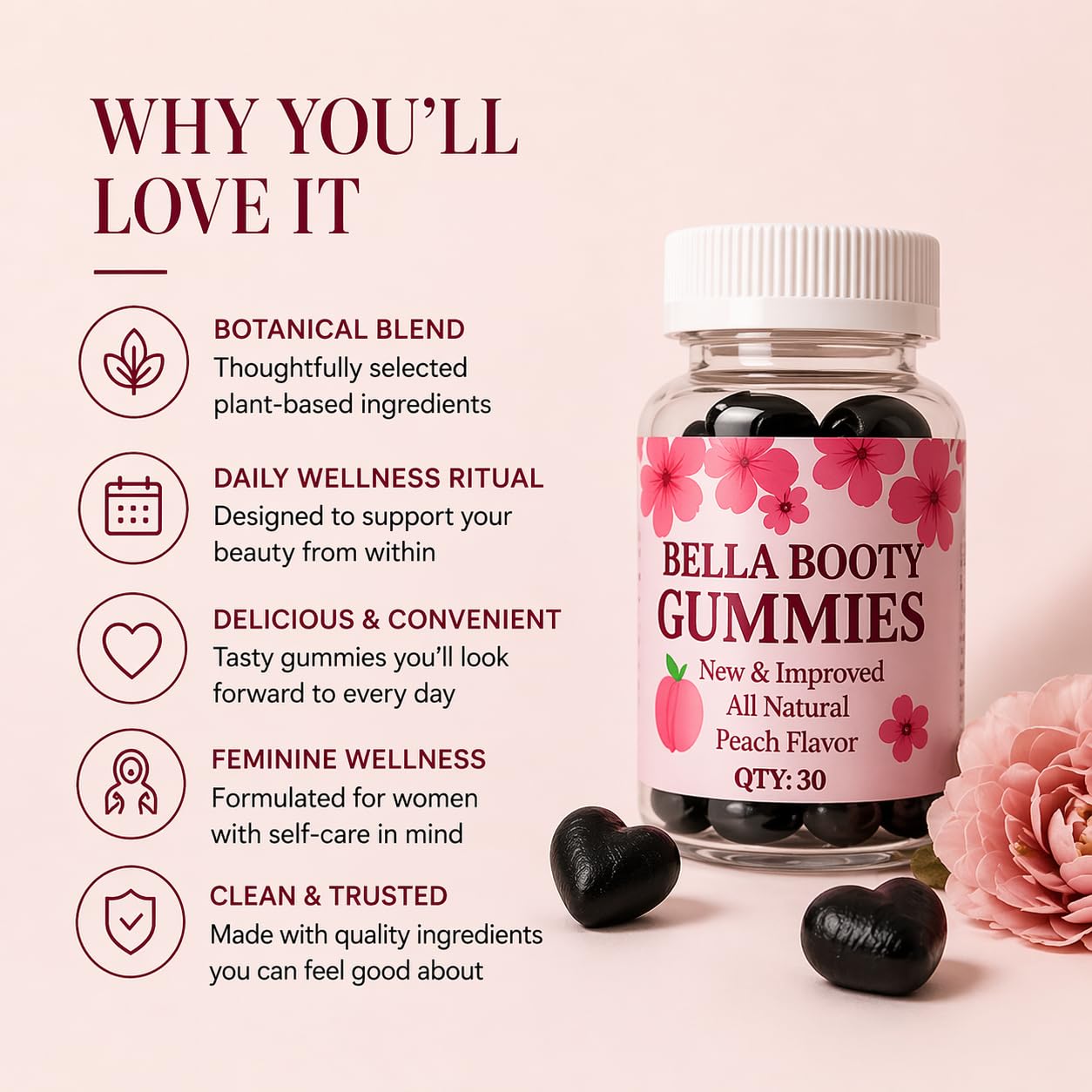 Bodied by Bella Butt Gummies 1 Count – Natural Booty Gummies & Butt Enhancer for Glutes, Hips & Curves with Maca & Aguaje