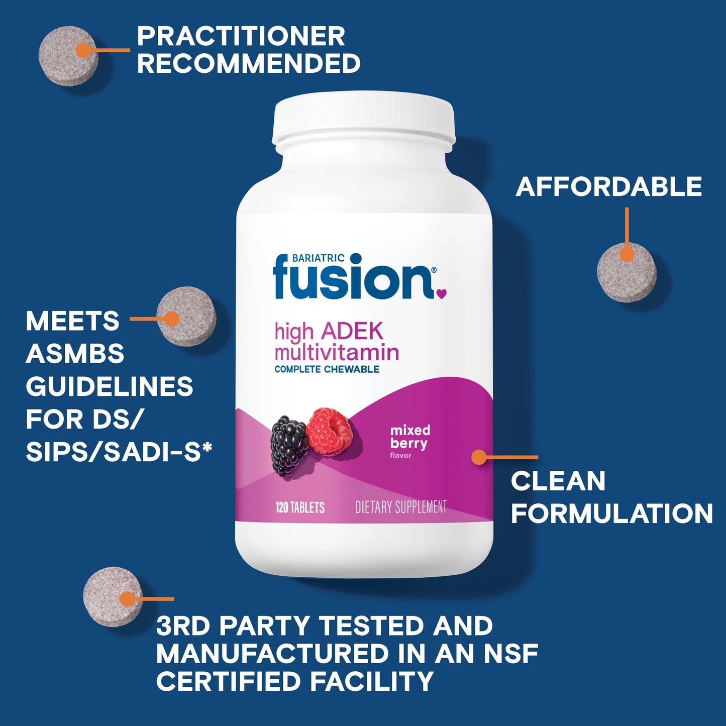 Bariatric Fusion Chewable Multivitamin with High ADEK Vitamins for Duodenal Switch Patients, Chewable Tablets, 120 Count
