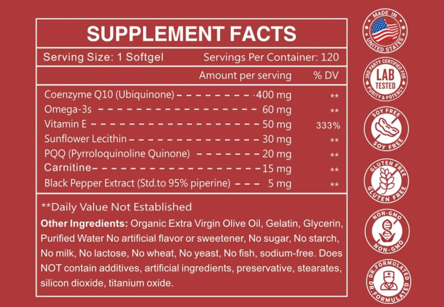 Optimal Health CoQ10 400mg Softgels with BioPerine for Absorption, L-Carnitine, PQQ & Omega-3s, Antioxidant for Heart Health & Energy Production, 120 Softgels