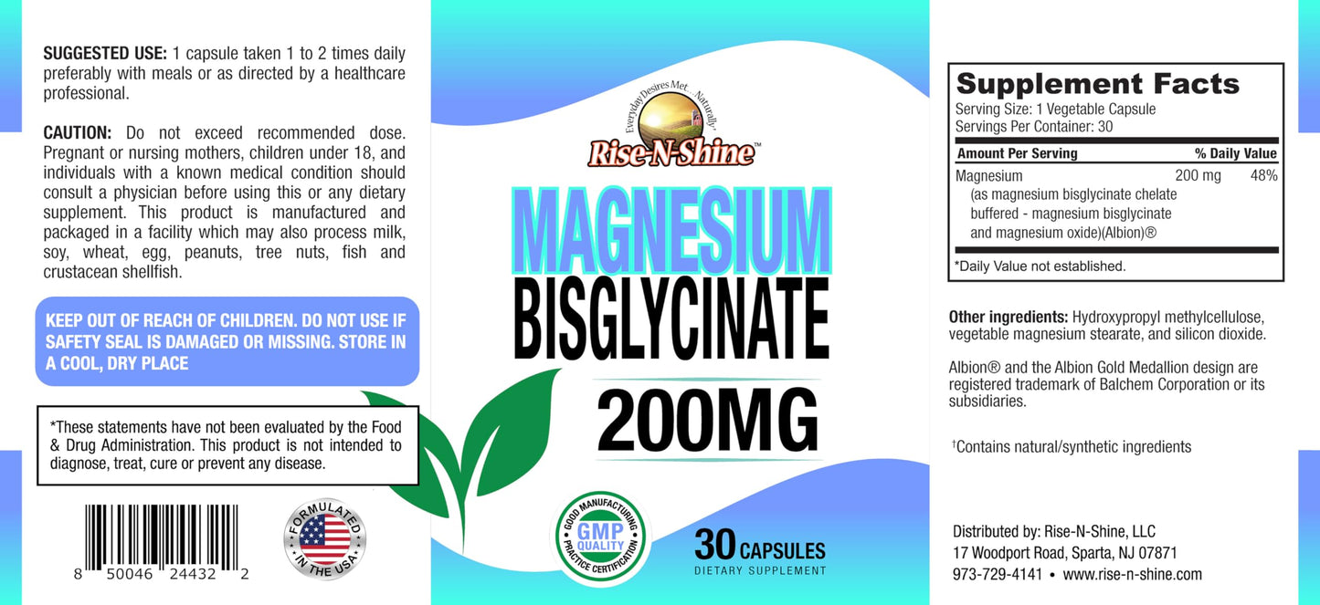 Rise-N-Shine Magnesium Bisglycinate 200 mg, 30 Capsules