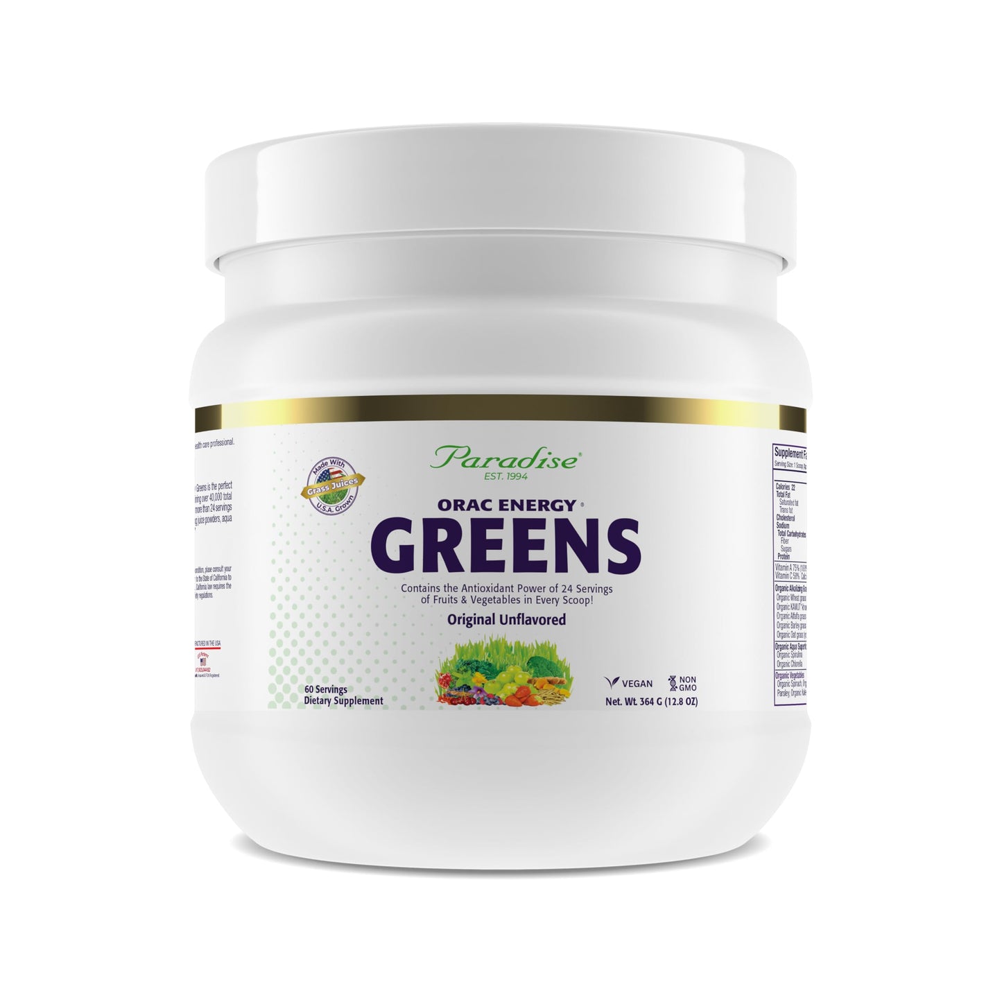 Paradise Herbs ORAC Energy Greens Powder Extract, Super Antioxidants, Probiotics for Gut Health & Digestion, Vitamin C for Immunity, with Spirulina & Chlorella, Non-GMO, Gluten Free, Powder, 60 Servings