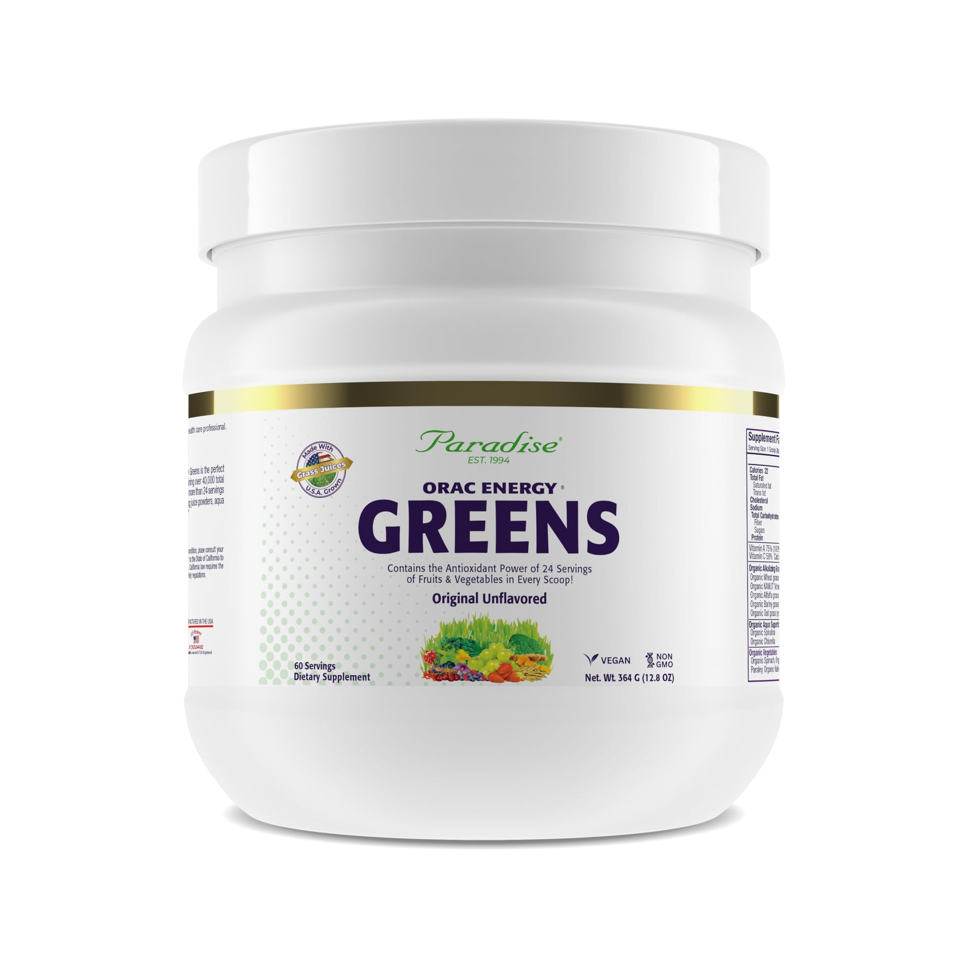 Paradise Herbs ORAC Energy Greens Powder Extract, Super Antioxidants, Probiotics for Gut Health & Digestion, Vitamin C for Immunity, with Spirulina & Chlorella, Non-GMO, Gluten Free, Powder, 60 Servings
