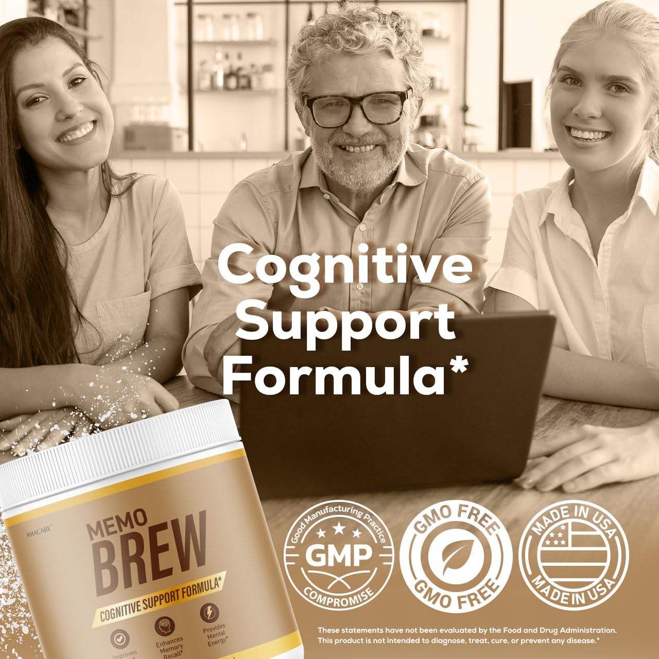 AMACARE MemoBrew Powder Advanced Memory Support Formula All Natural Ingredients Daily Vitamins Support, Powder, 12