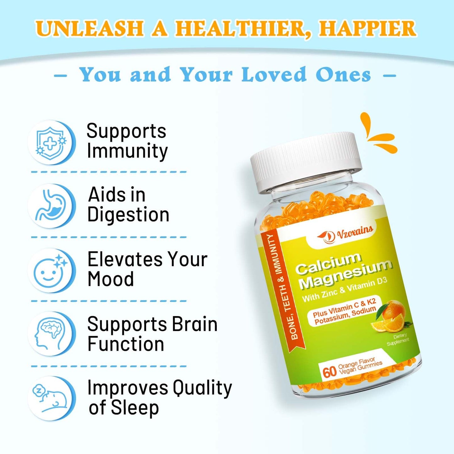 VZOXAINS Calcium Gummies, Sugar Free with Magnesium, Potassium & Vitamin D3, Vegan Orange Flavor, 60 Gummies