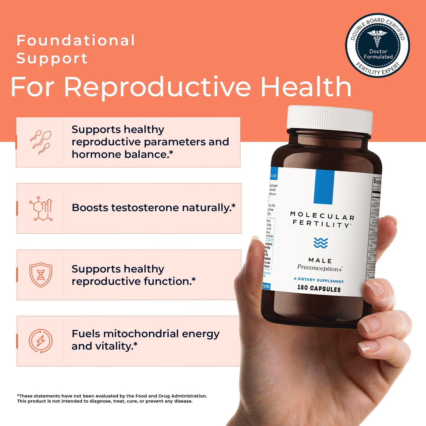 Molecular Fertility Male Preconception+ Fertility Supplements for Men - Reproductive Cell & Fertility Support - Conception for Him - CoQ10, Ashwagandha, Shilajit, DAA, Zinc, Selenium - 180 Capsules