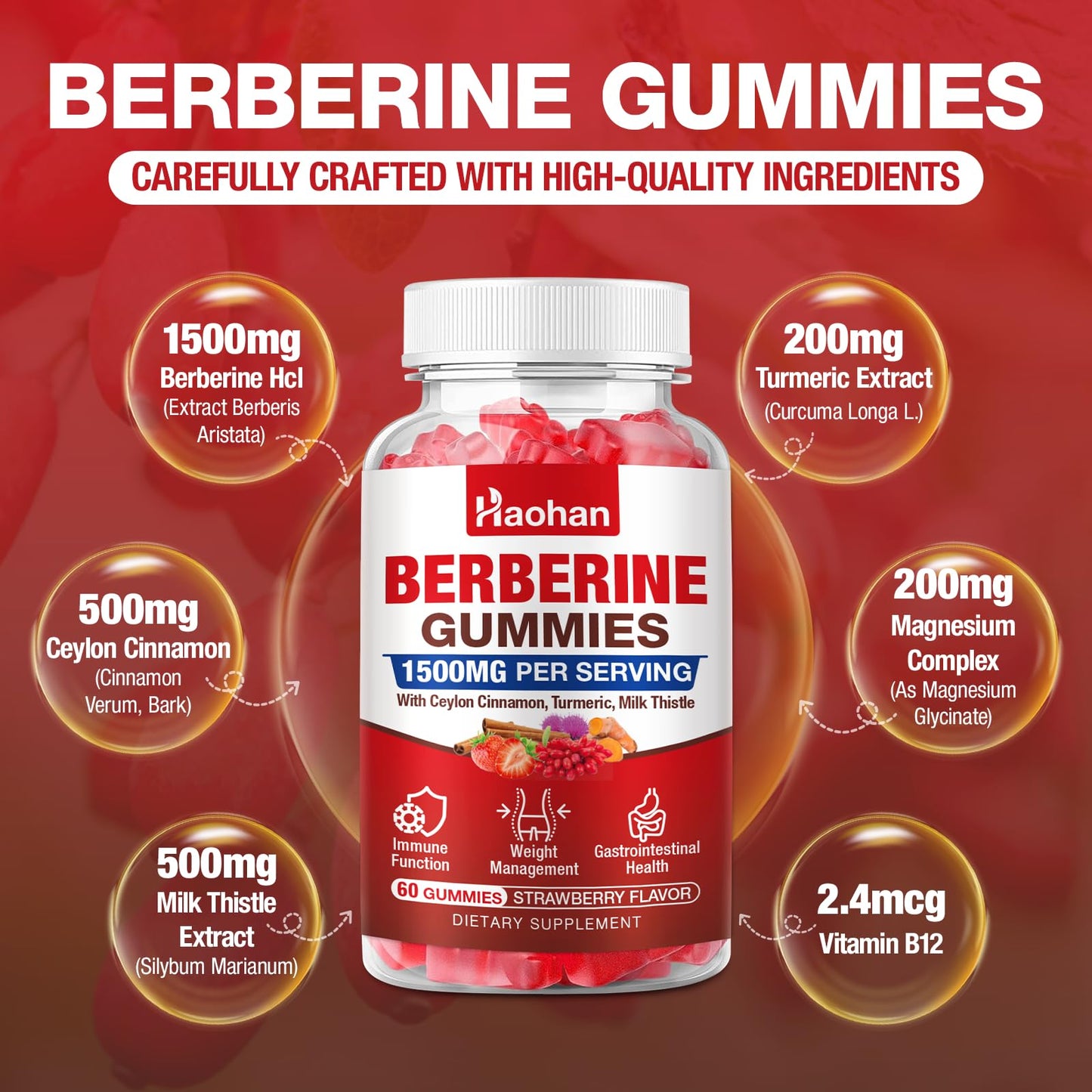 Haohan Berberine Gummies, 1500mg High Potency Berberine HCl, Ceylon Cinnamon & Milk Thistle, Immune System & Metabolism Support, Vegan, Strawberry Flavor, 120 Count