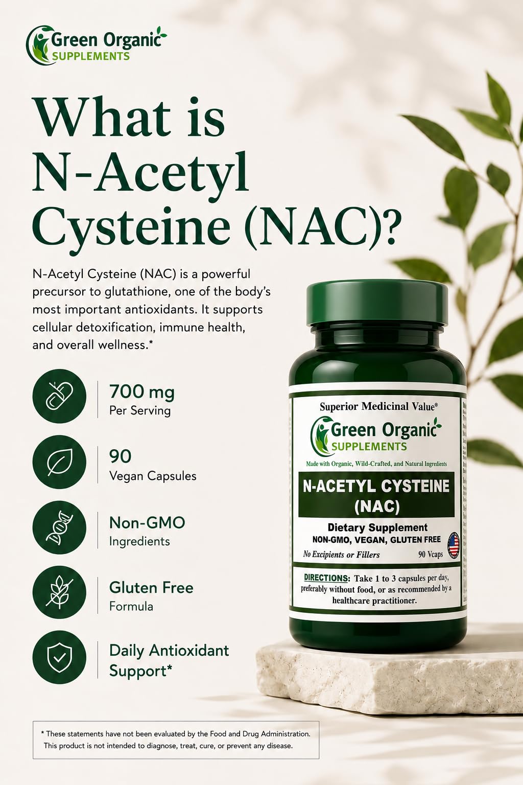 Green Organic Supplements N-Acetyl Cysteine (NAC) 700mg Capsules, 90 Count