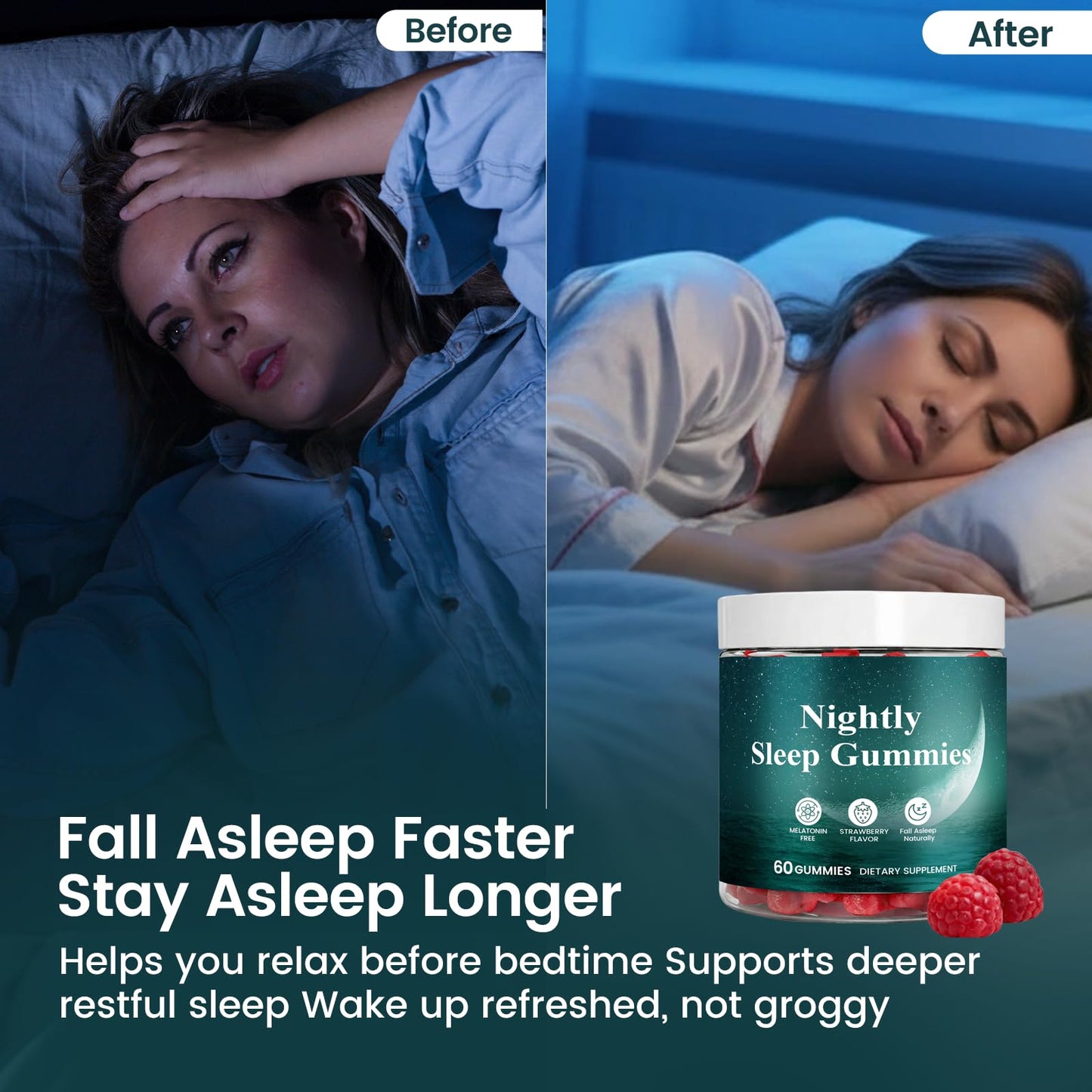 TOGOLIUN Nightly Sleep Gummies for Adults, No Melatonin, with Magnesium, L-Theanine, GABA, and Glycine, Calm Mind & Restful Sleep Support, Strawberry Flavor, 60 Gummies