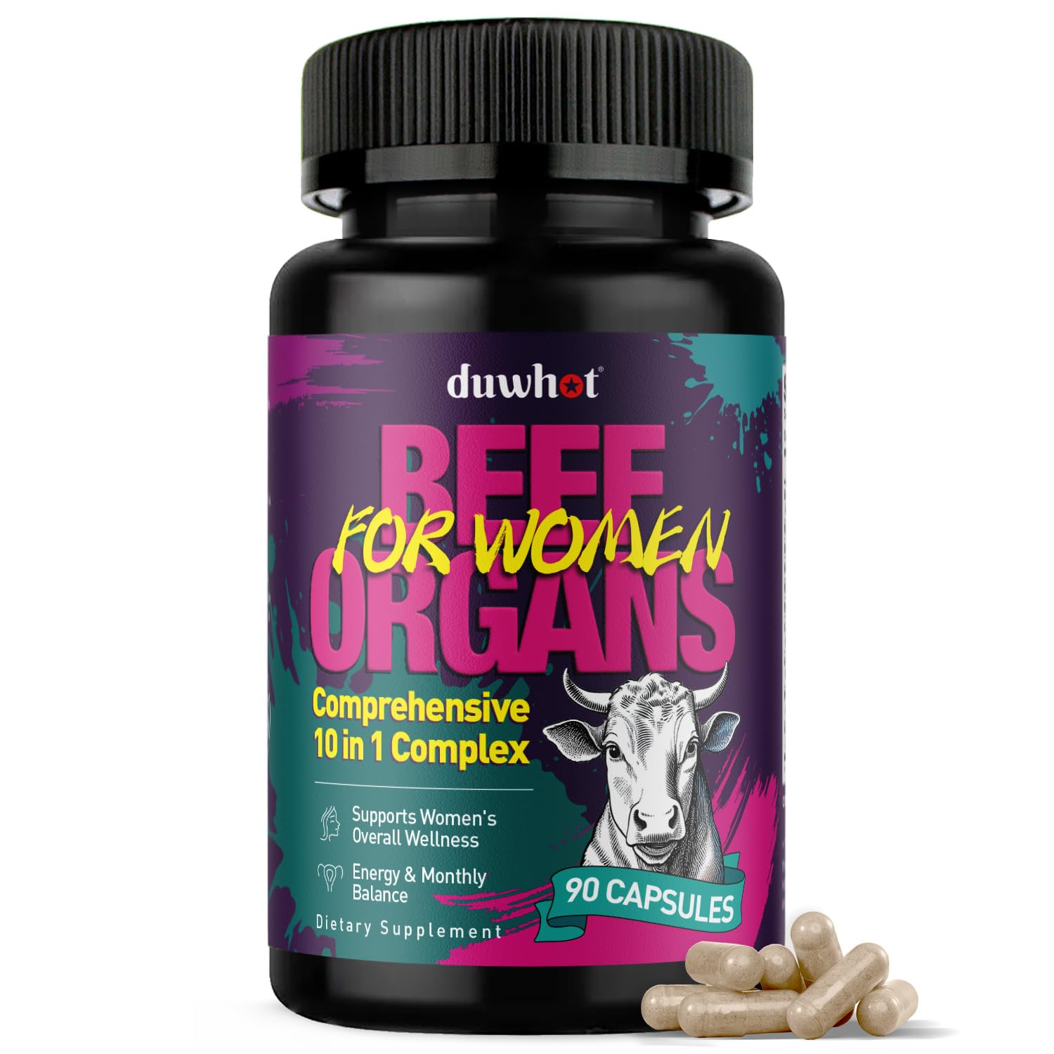 duwhot Beef Organ Supplement for Women 10 in 1 Complex with Beef Liver, Uterus, Kidney, Heart 90 Capsules