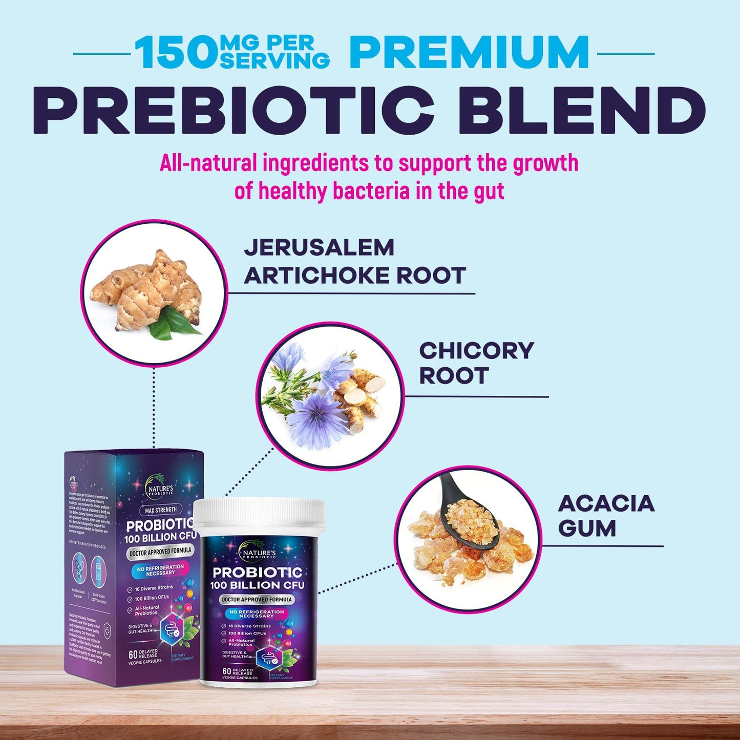 Nature's Probiotic Probiotics for Digestive Health - Probiotic Blend 100 Billion CFU Per Capsule, 16 Premium Strains & Prebiotics, 60 Capsules
