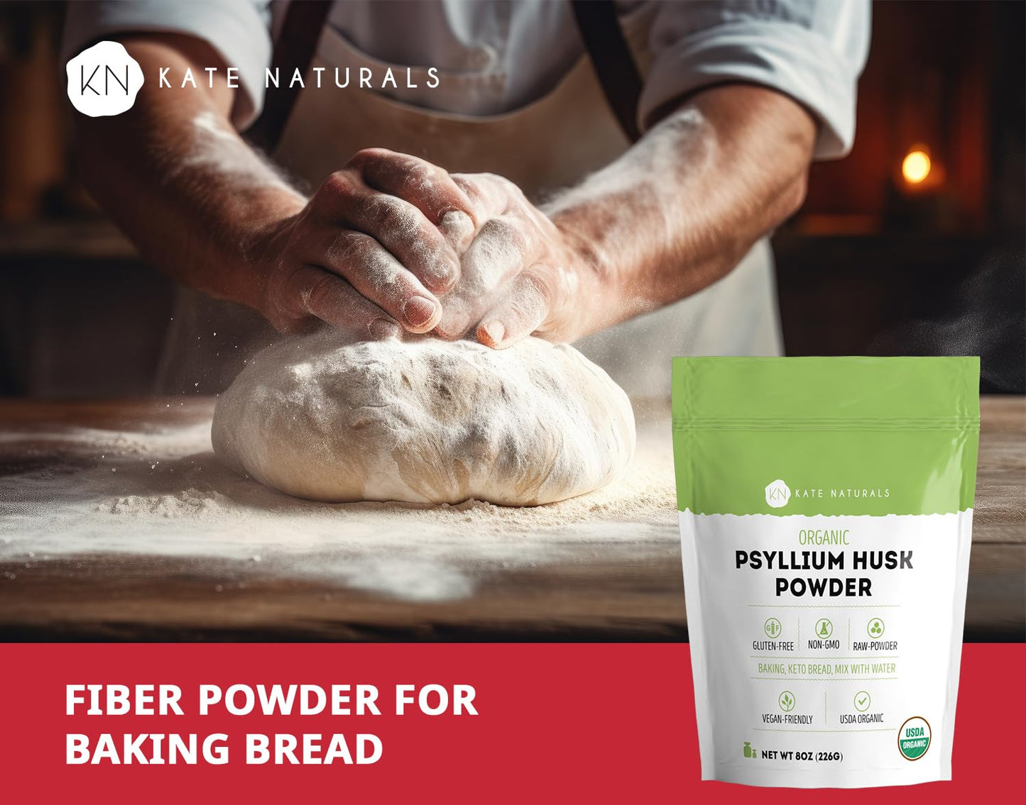 Kate Naturals Psyllium Husk Powder for Fiber and Baking Bread Powder 8 oz