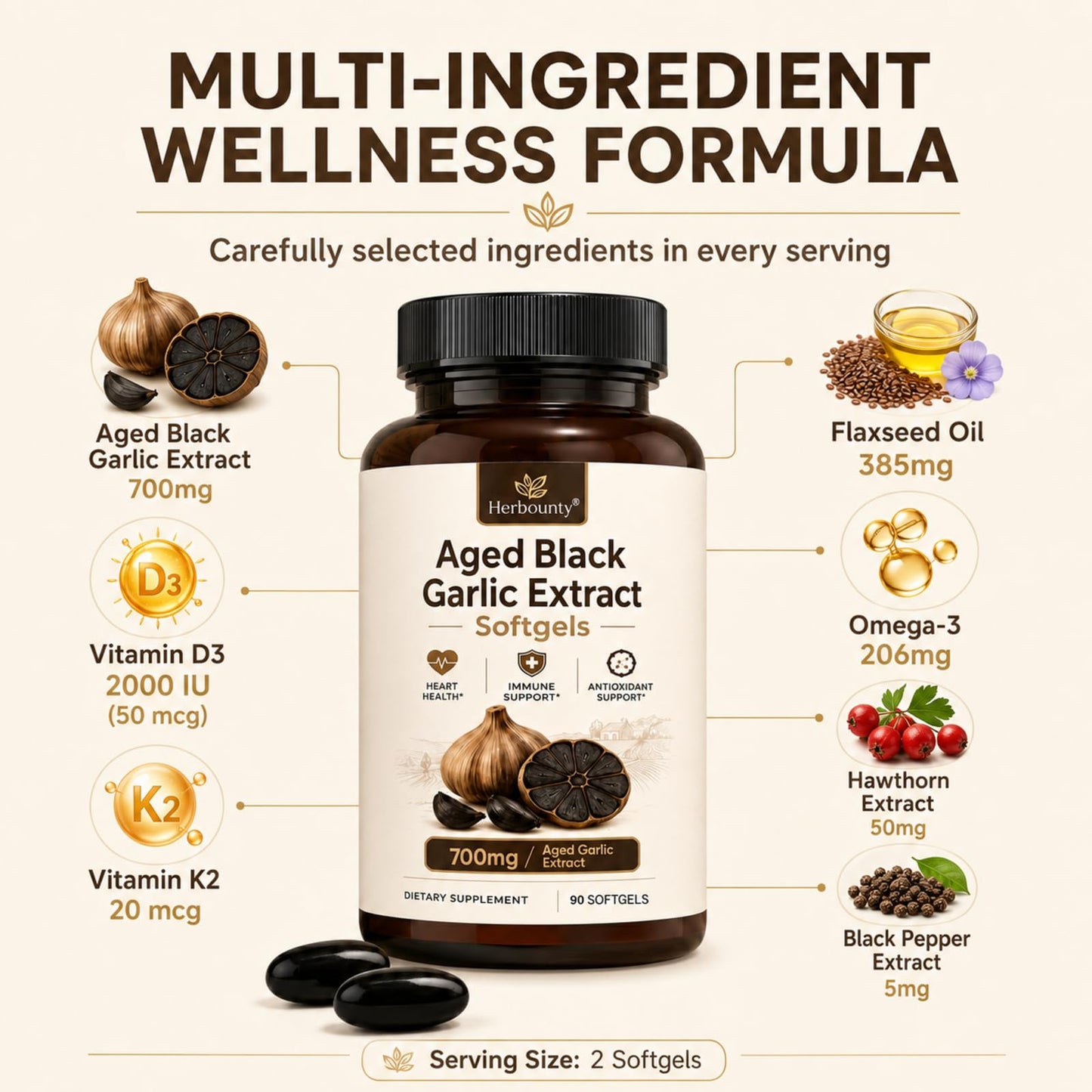 Herbounty Odorless Fermented Aged Black Garlic Extract 700mg Capsule 90 Count