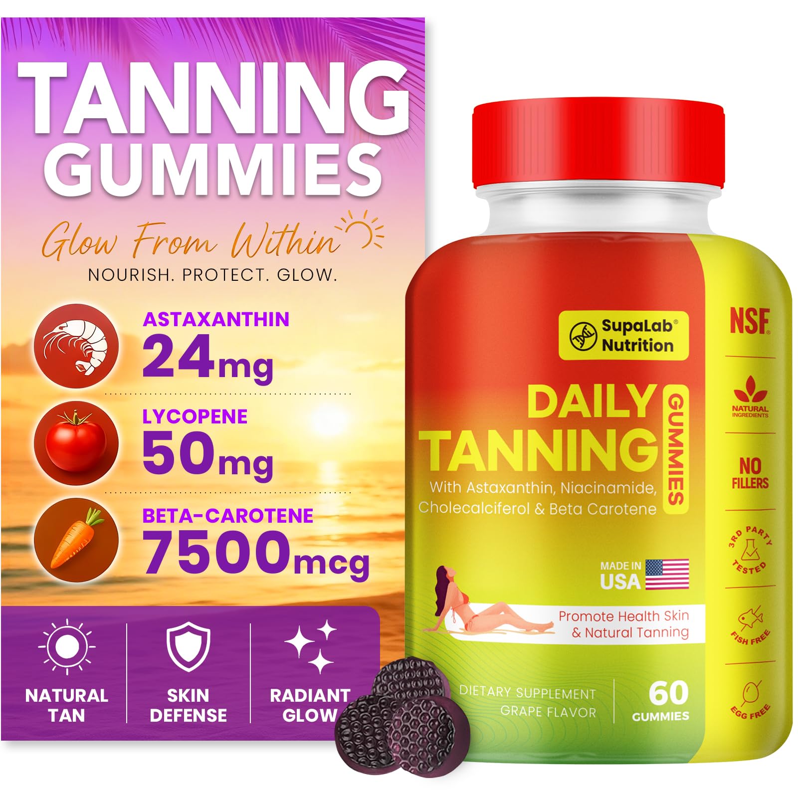MEGNETA Tanning Gummies for Women and Men, 60 Count