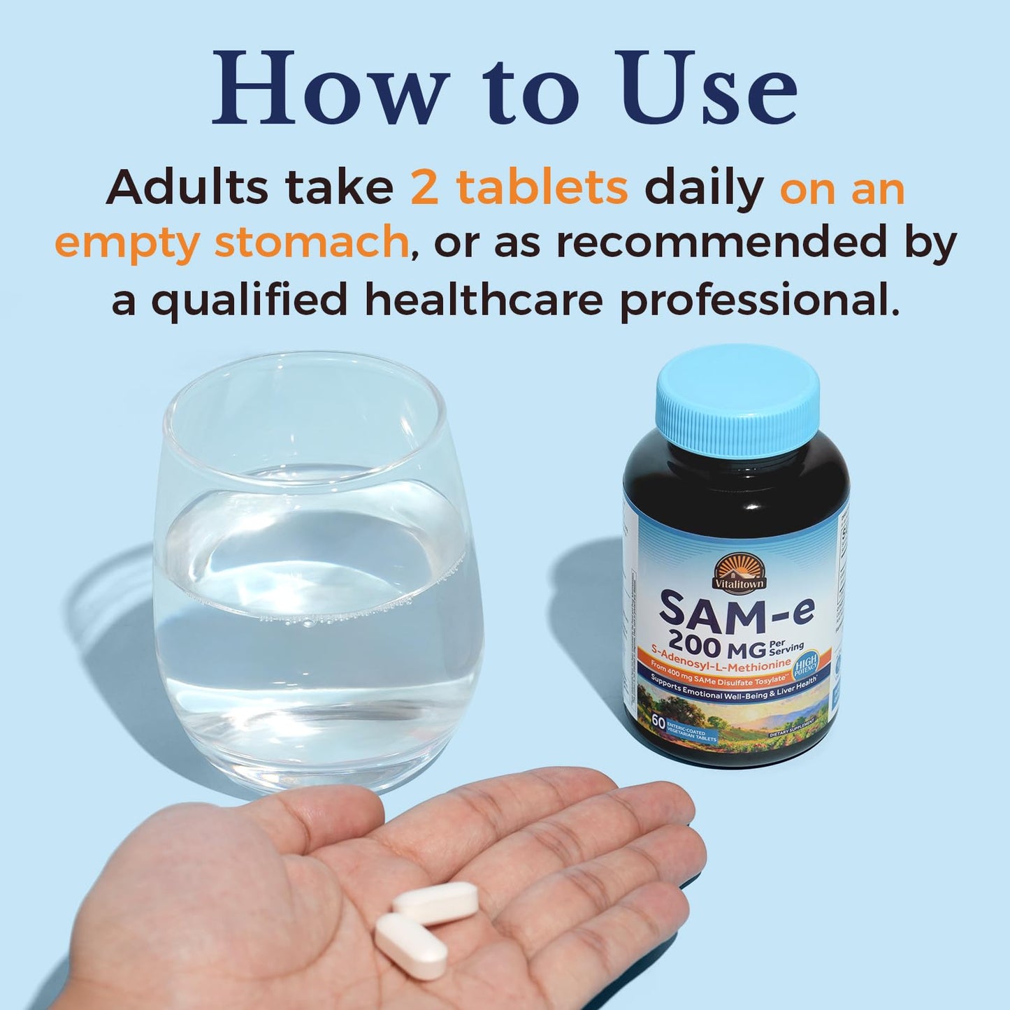 Vitalitown SAM-e (S-Adenosyl-L-Methionine) 200mg Capsules, 60 Count