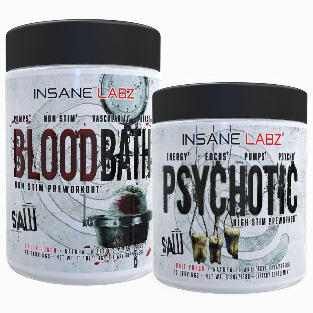 Insane Labz Psychotic Saw and Bloodbath Pre Workout Nitric Oxide Booster Stack Powder, 17.7