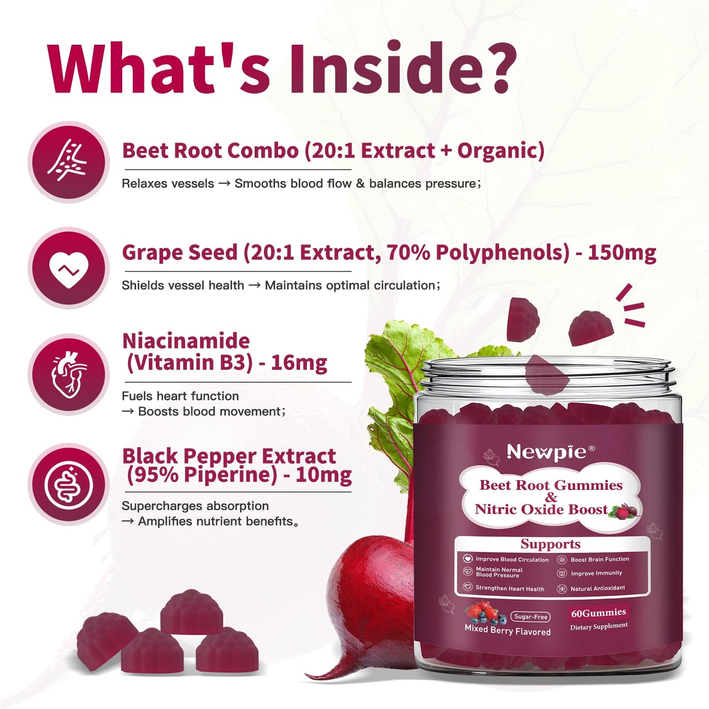Newpie Nitric Oxide Beet Root Capsules with Grape Seed, Vitamin C & B12, for Endurance, Performance & Recovery | Mixed Berry Flavors, Vegan, Non-GMO, Gluten Free, 60 Capsules
