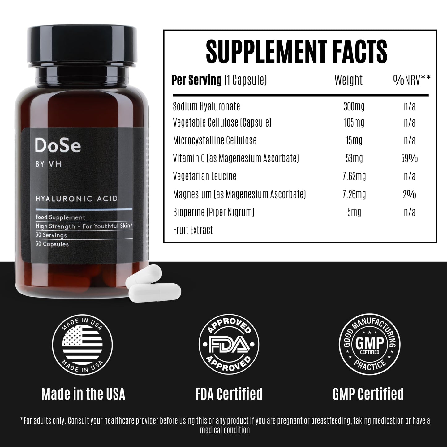 DoSe by VH Hyaluronic Acid Capsules 300mg with Vitamin C, Vegan, 30 Capsules