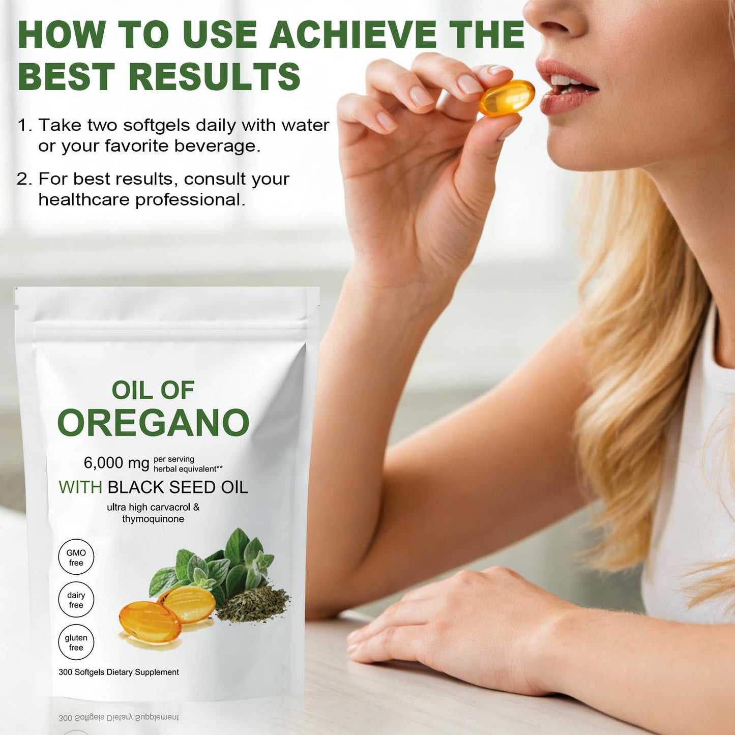 HDFREO Oil of Oregano 6000mg with Black Seed Oil Softgels, 300 Softgels