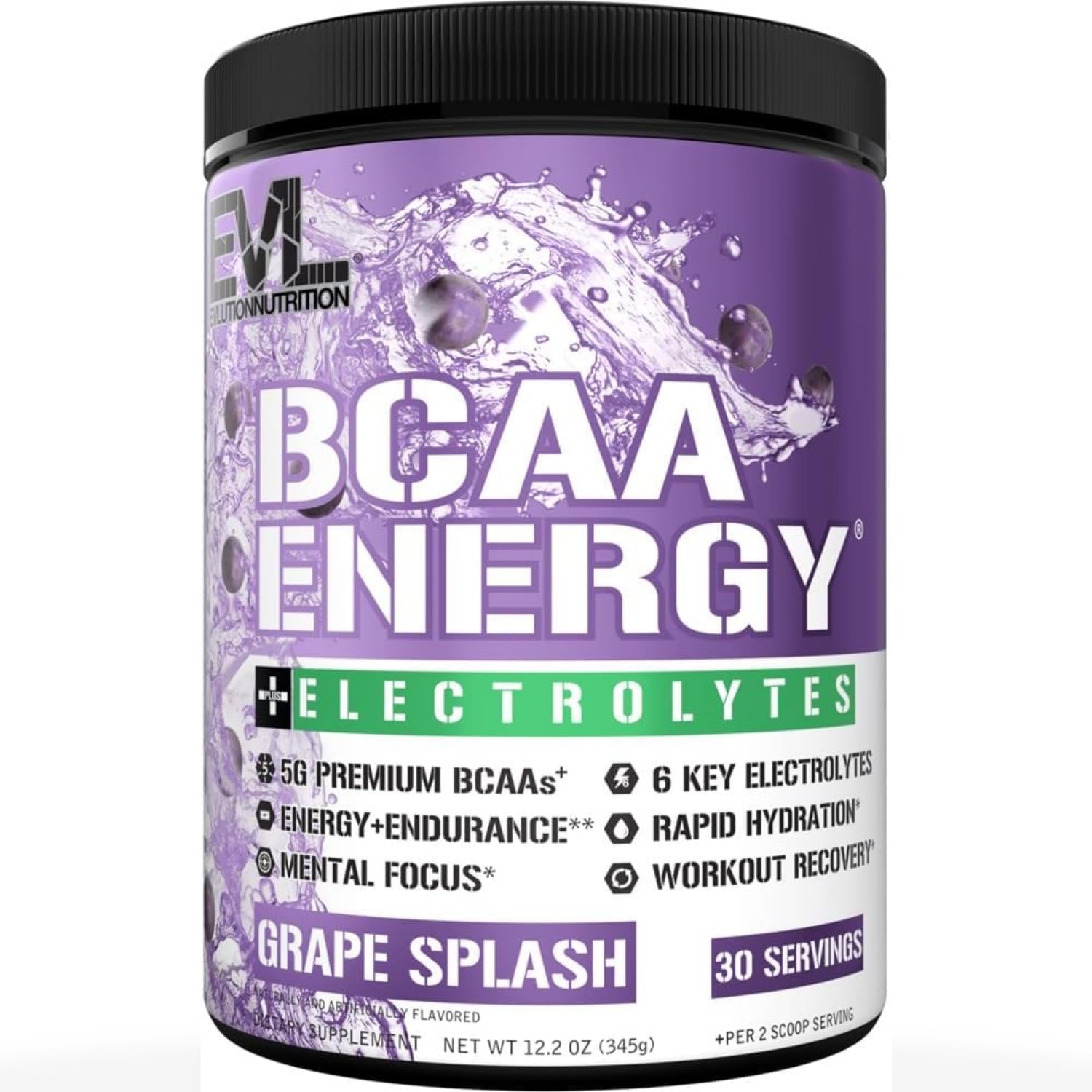 Evlution BCAAs Amino Acids Powder - BCAA Energy Pre Workout Powder with 6 Key Electrolytes - Grape Splash 12.2