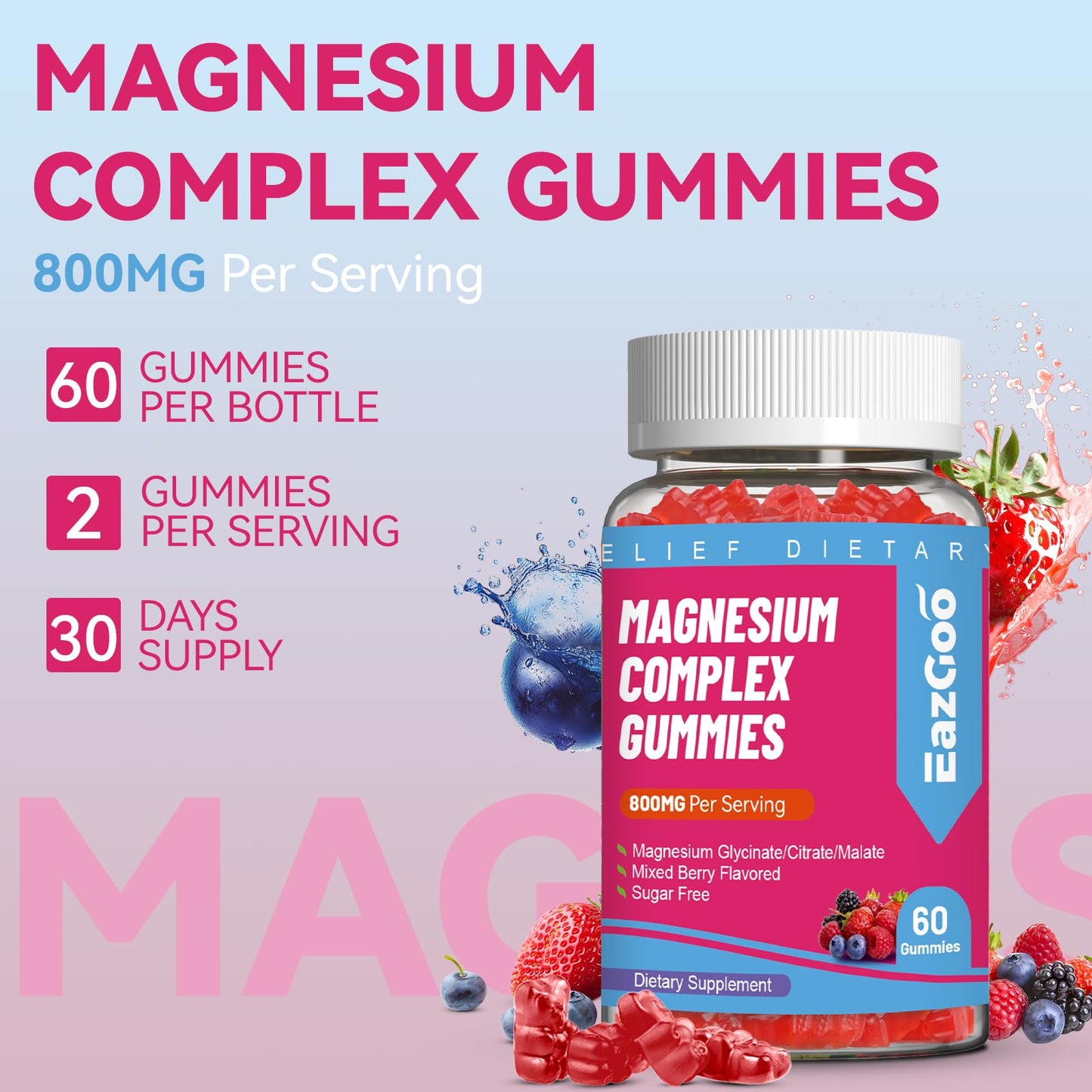 EAZGOO Magnesium Gummies 800mg - Vitamin D3, C, B6, B12 & Zinc Complex with Magnesium Glycinate, Citrate & Malate, 120 Gummies