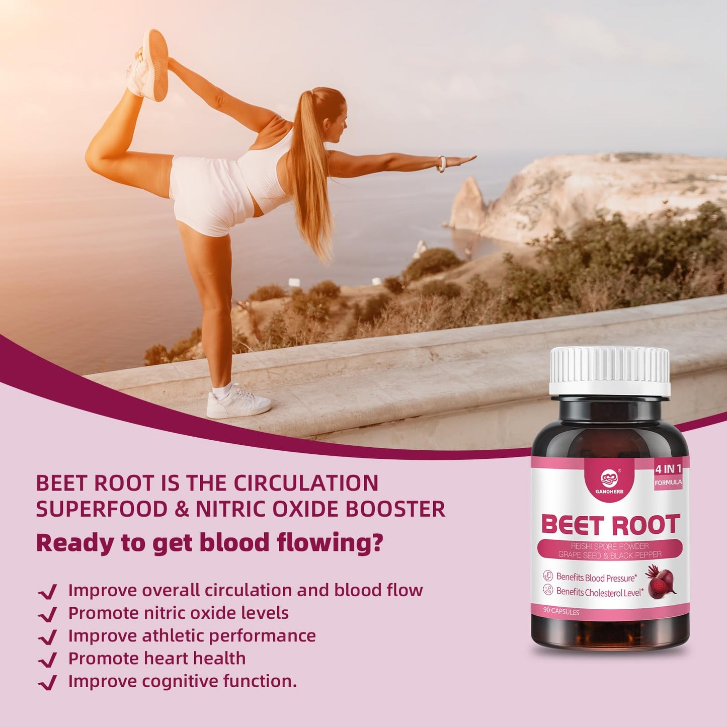 GANOHERB Beet Root Capsules with Grape Seed Extract, Reishi Mushroom, Black Pepper, Beet Root Supplement 4 in 1 for Nitric Oxide and Health Circulation, 90 Rapid Release Capsules