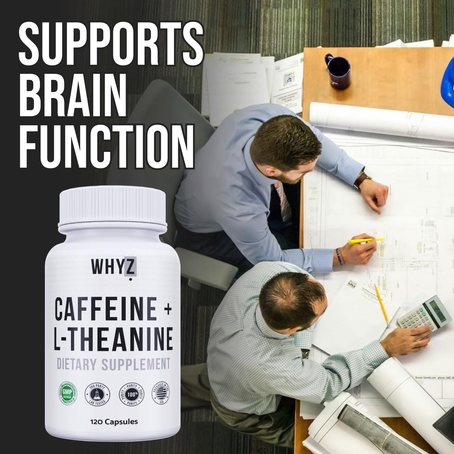 WHYZ Caffeine Pills with L-Theanine Capsules, 120 Capsules