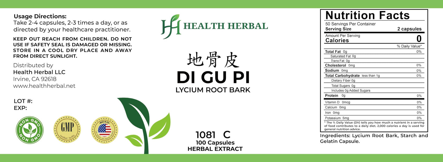 Health Herbal HH1081C Di Gu Pi/Lycium Root Bark Capsules, 100 Capsules