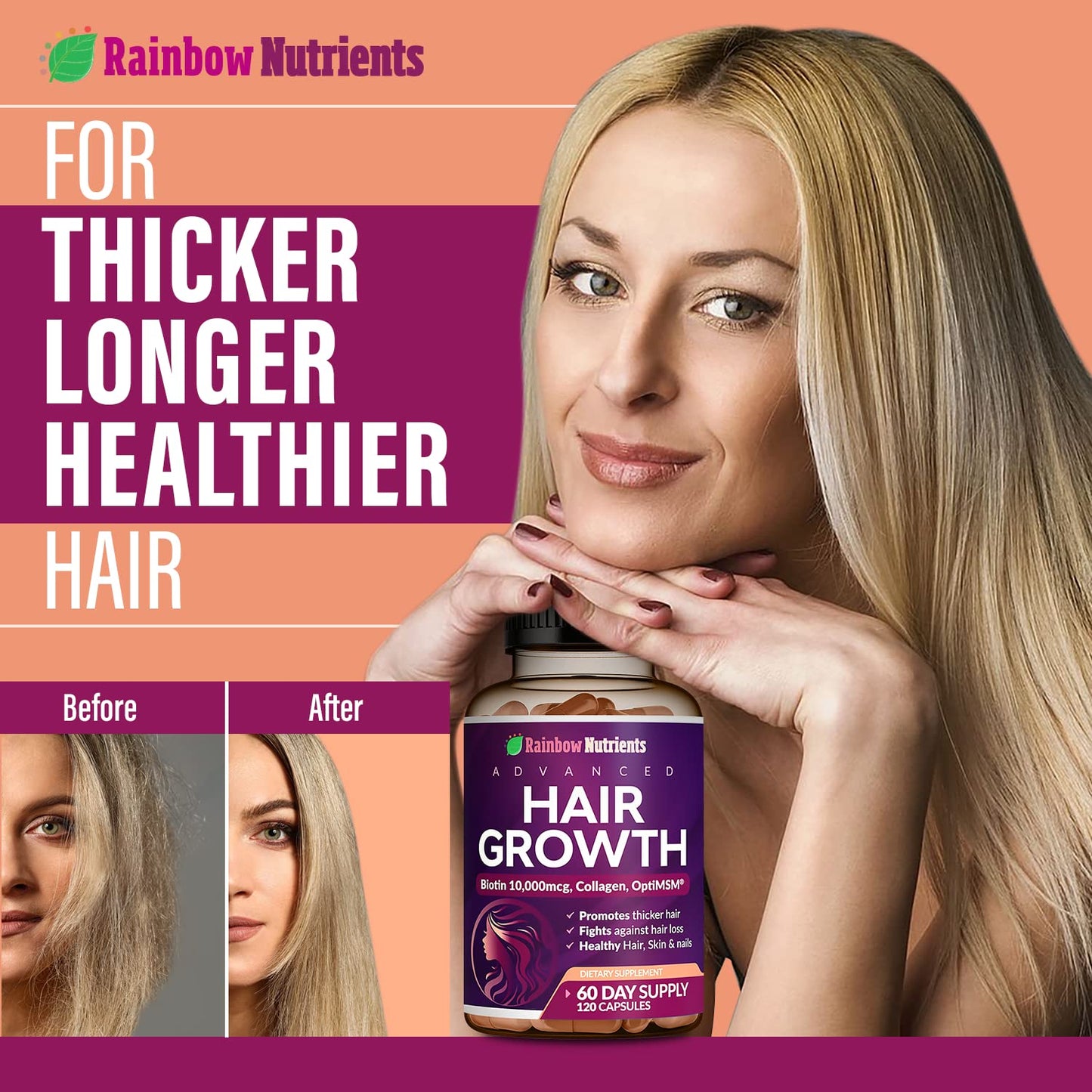 Rainbow Nutrients, LLC Hair Growth Vitamins for Women Capsules, 120 Count